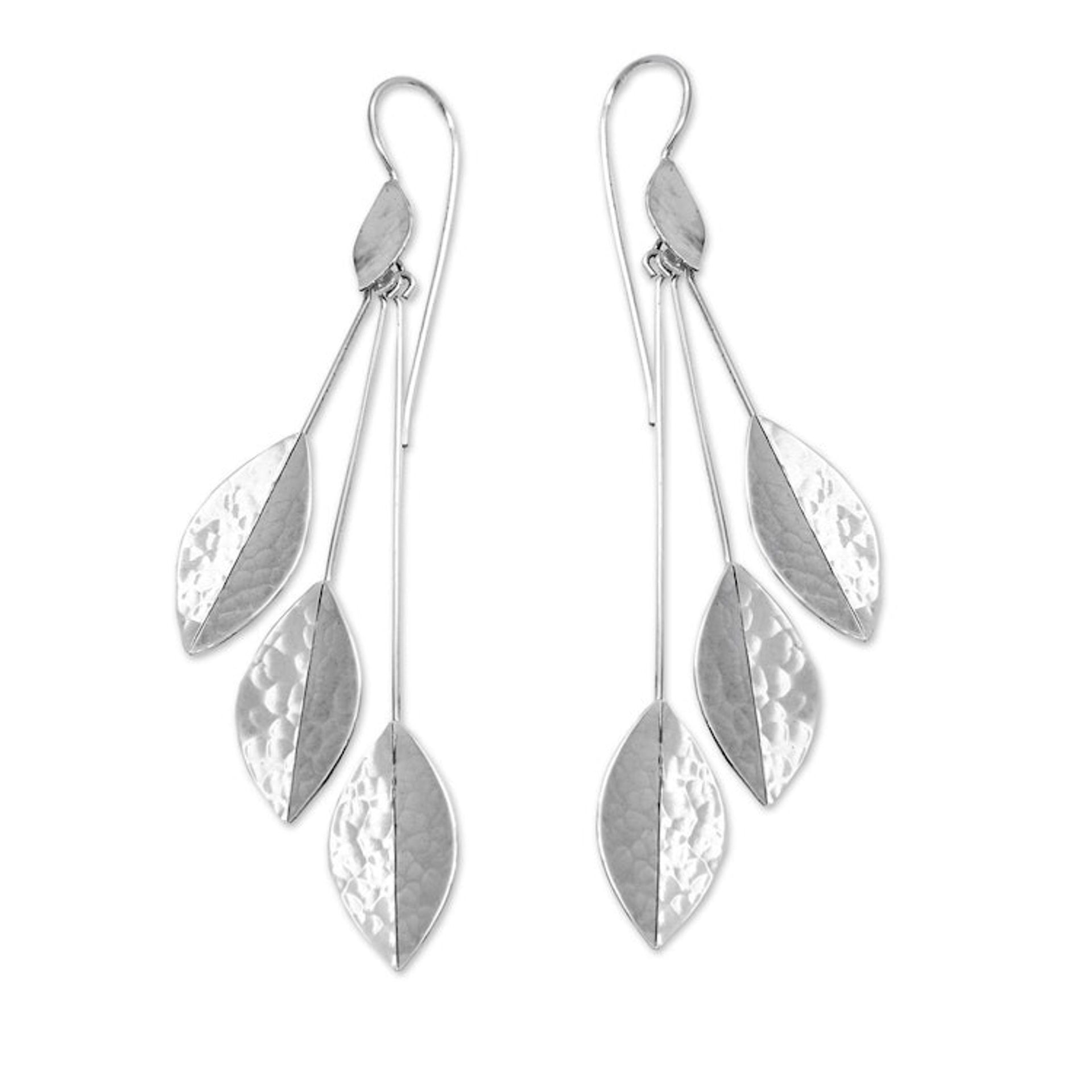 Modern Hammered Sterling Silver Leaf Dangle Earrings 'Winter Glisten'