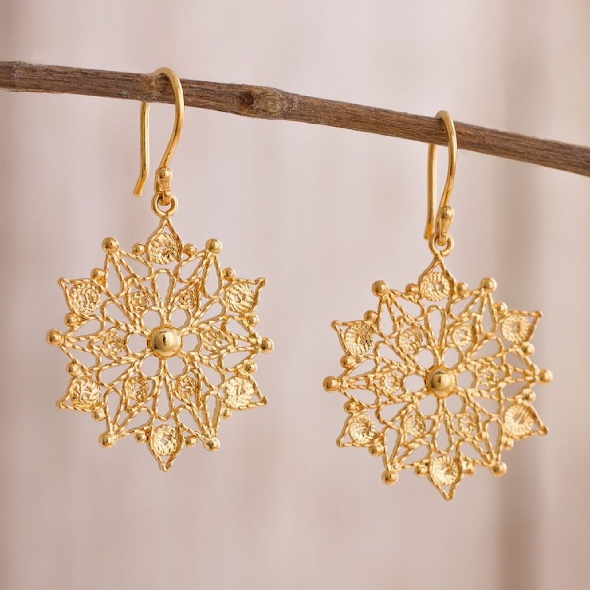 24k Gold Plated Sterling Silver Filigree Dangle Earrings 'Gleaming Mandalas'