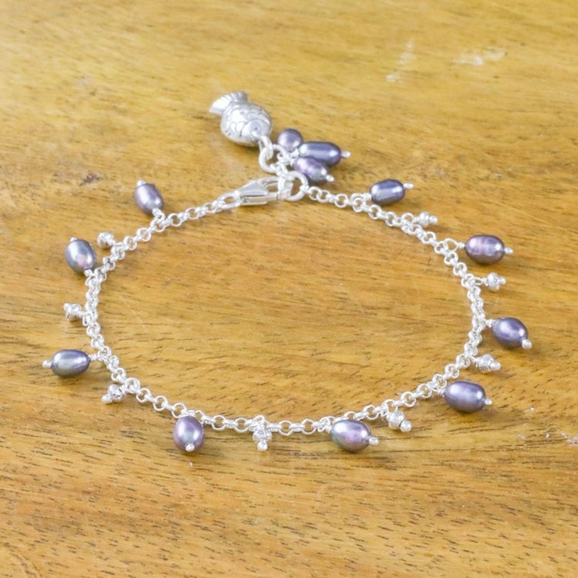 Fish Cultured Pearl Charm Bracelet in Grey from Thailand 'Gleaming Fish in Grey'