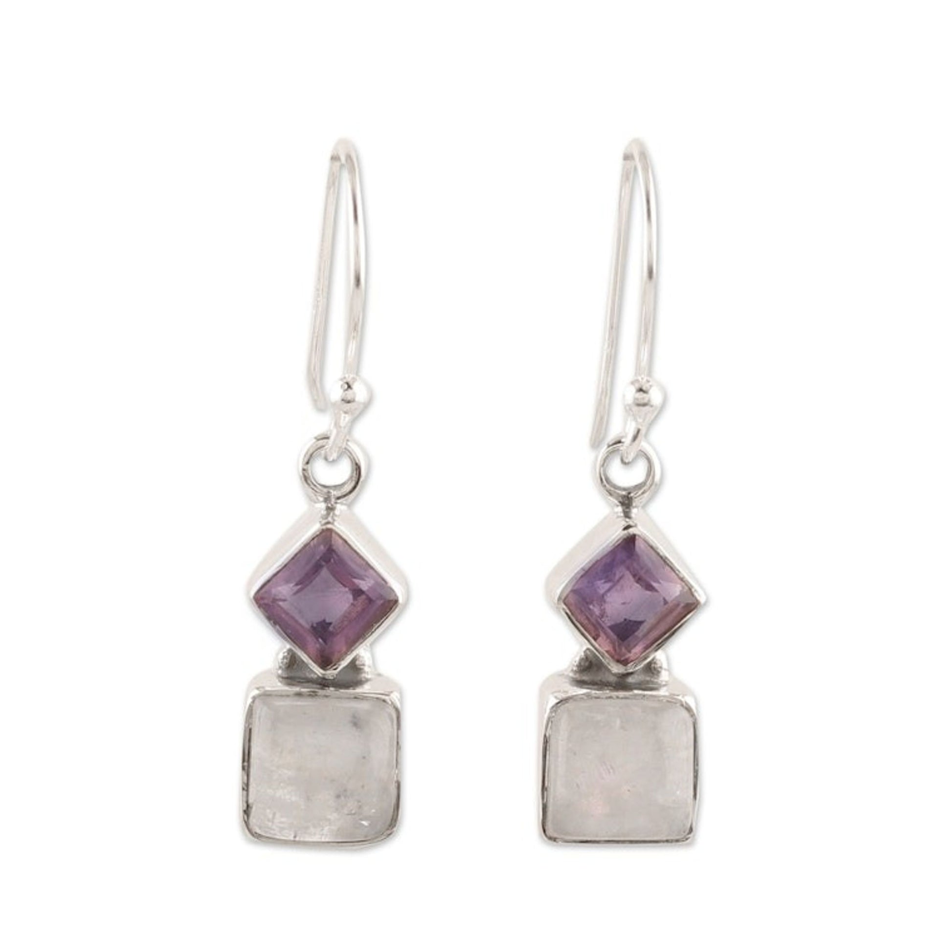 Silver Dangle Earrings with Rainbow Moonstones and Amethysts 'Misty Harmony'