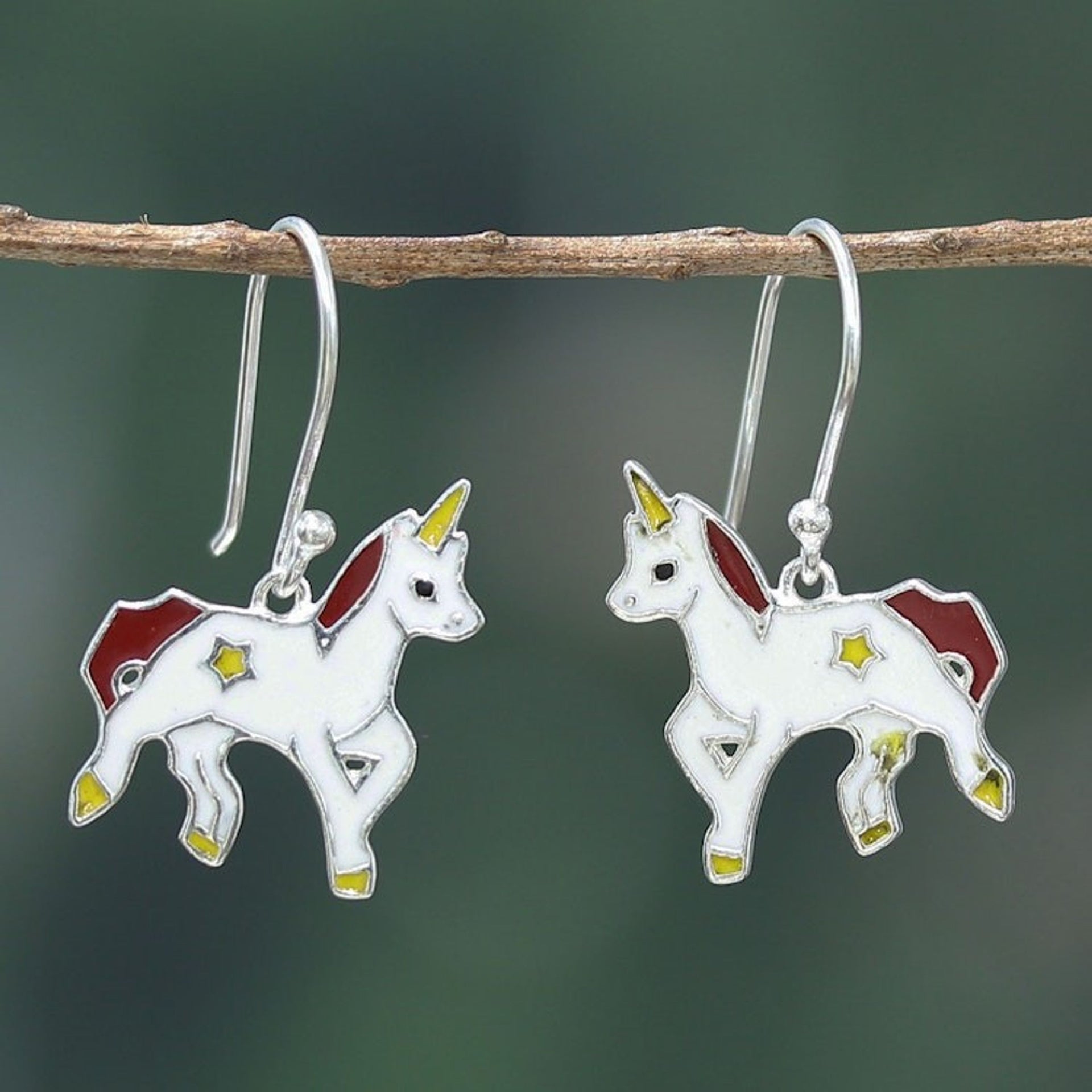 Fantasy-Themed Enamel Sterling Silver Unicorn Dangle Earring 'Unicorn Spell'