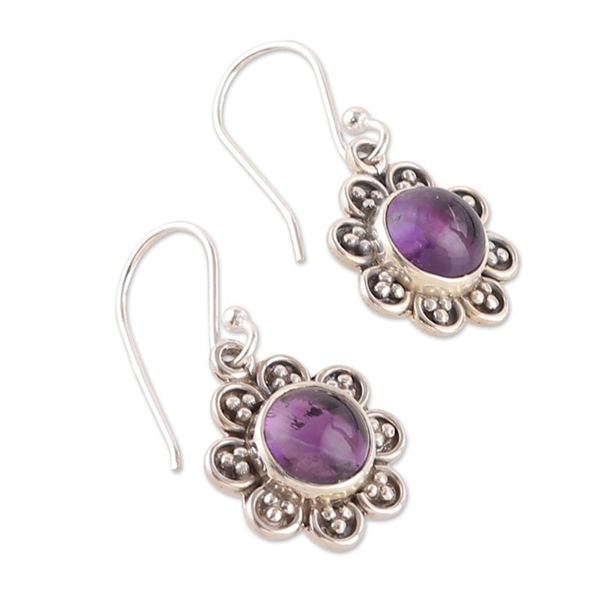Flower-Shaped Sterling Silver and Amethyst Dangle Earrings 'Wisdom in Petals'
