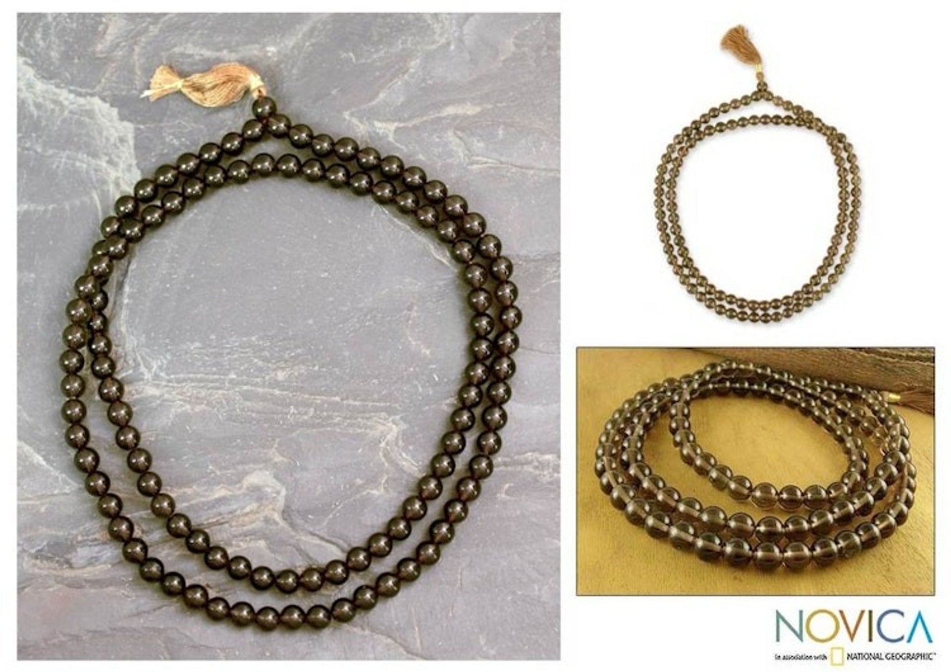 Smoky Quartz Rosary Jap Mala Indian Prayer Necklace 'Pray'