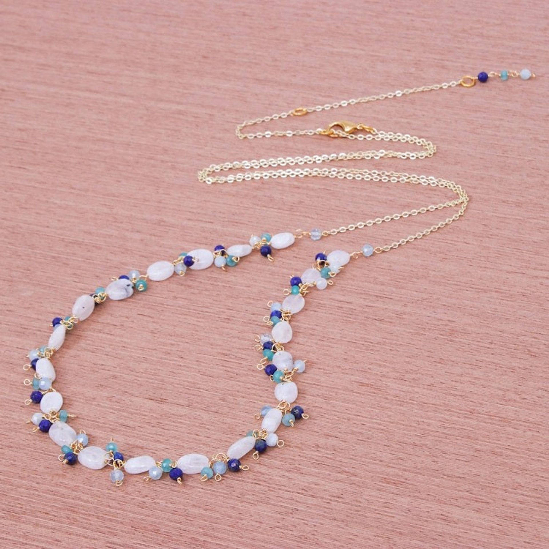Gold Plated Necklace with Quartz and Lapis Lazuli Beads 'Sunset Mood in White'