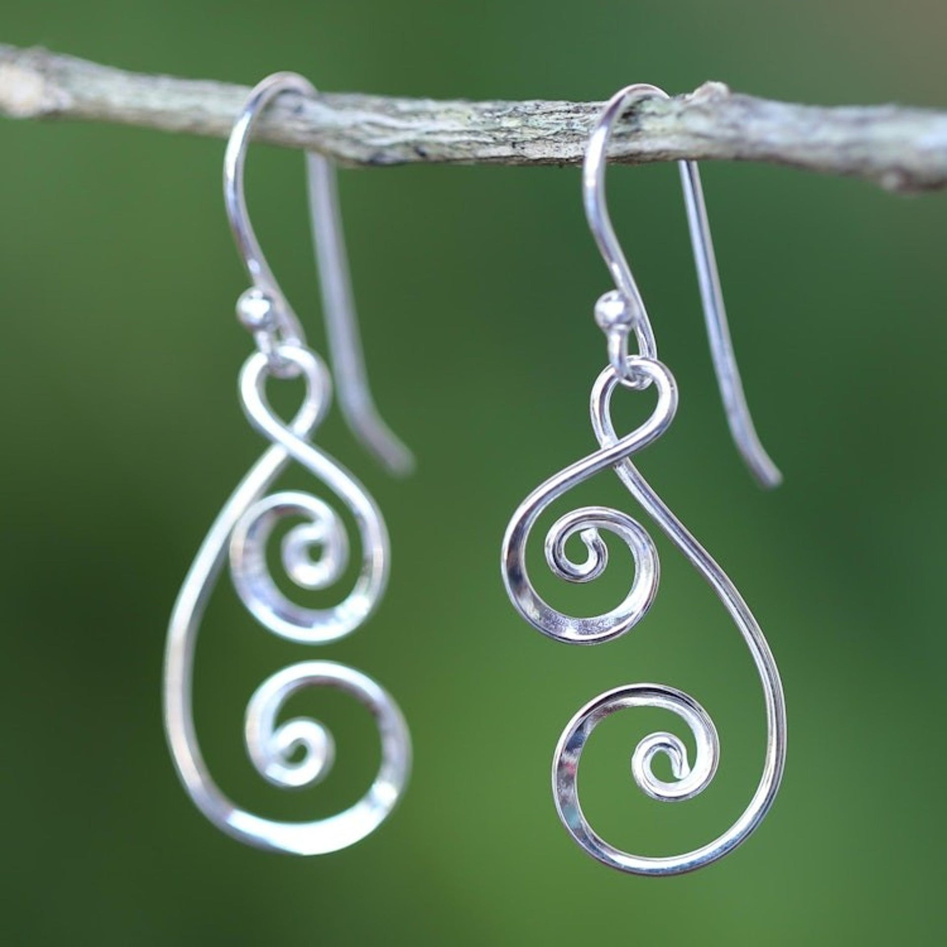 925 Sterling Silver Artisan Crafted Thai Art Dangle Earrings 'Lanna Spirals'