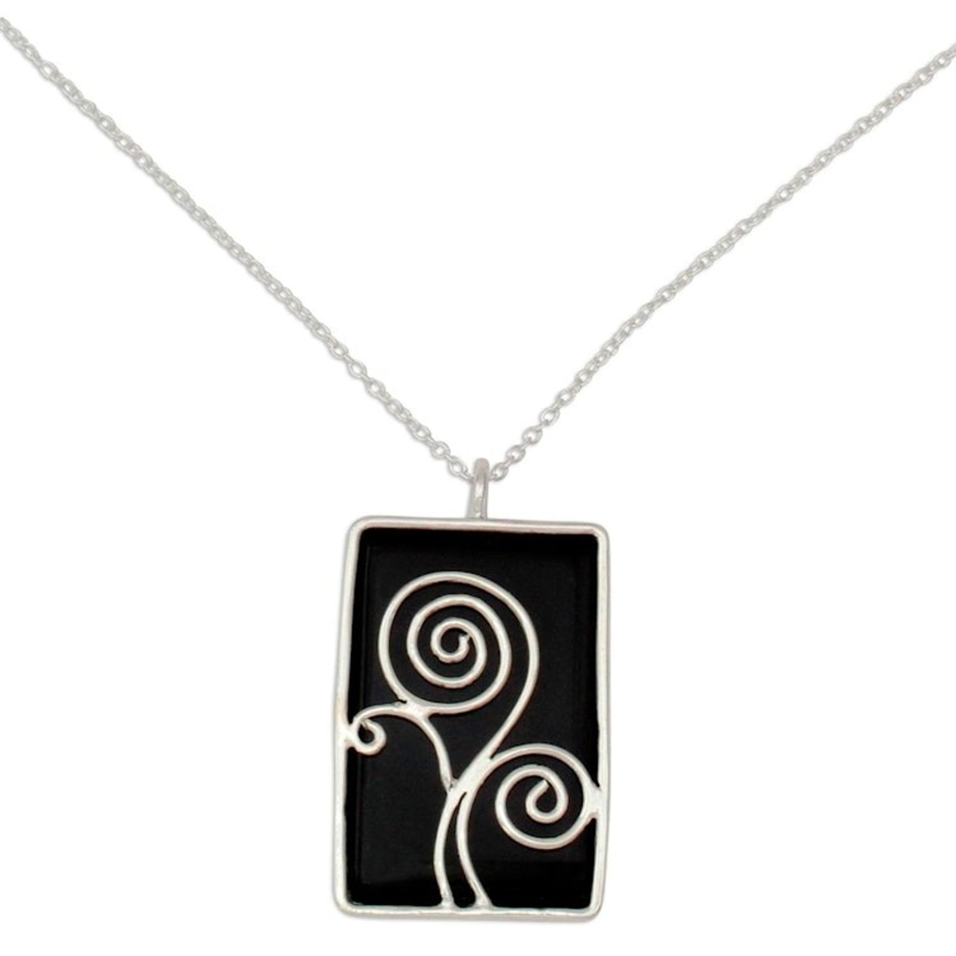 Sterling Silver and Onyx Necklace Indian Modern Jewelry 'Happy Tree'