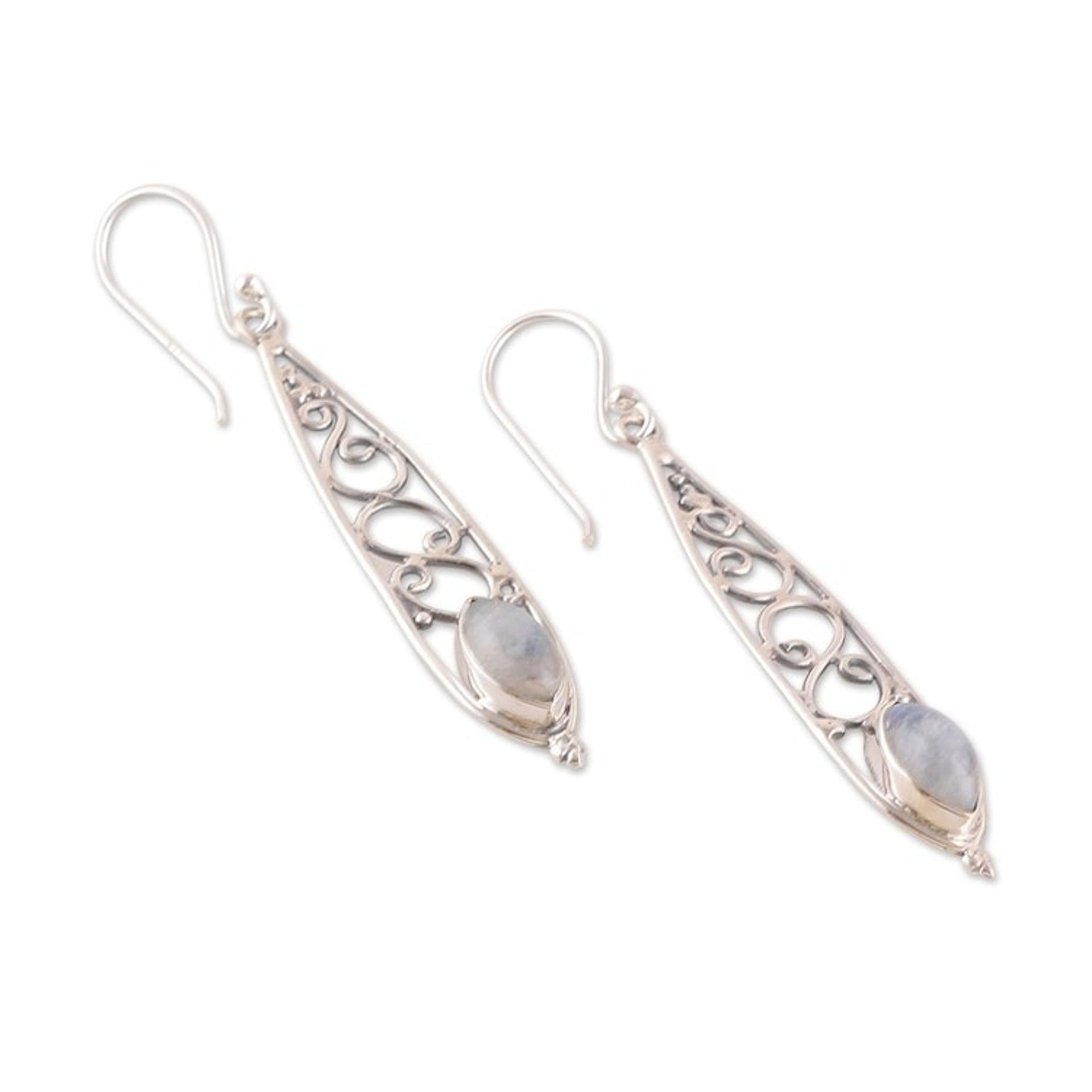 Fantasy-Inspired Natural Rainbow Moonstone Dangle Earrings 'Moonlit Drop'