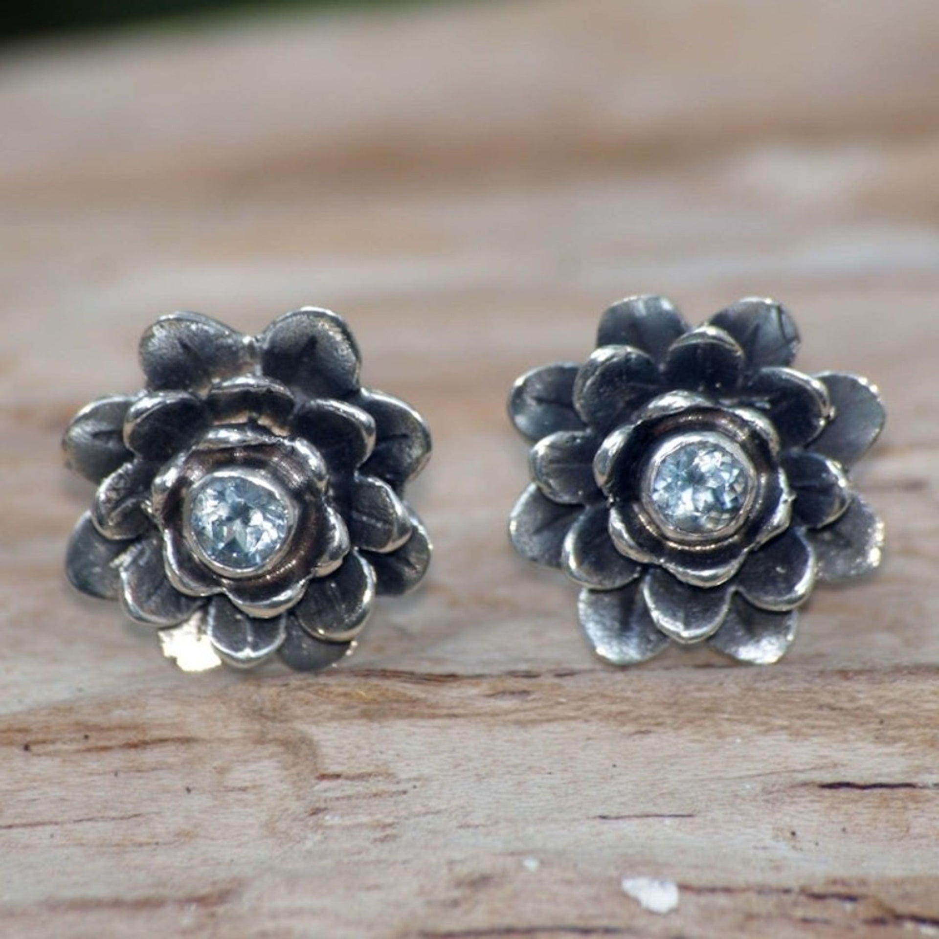 Sterling Silver and Blue Topaz Button Earrings 'Blue-Eyed Lotus'