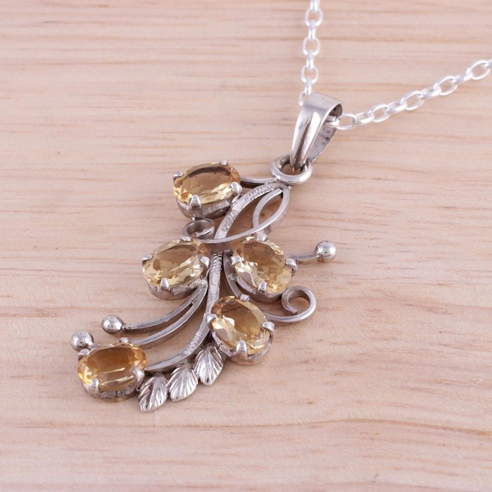 Handcrafted Rhodium Plated Citrine Pendant Necklace 'Shimmering Blossoms'