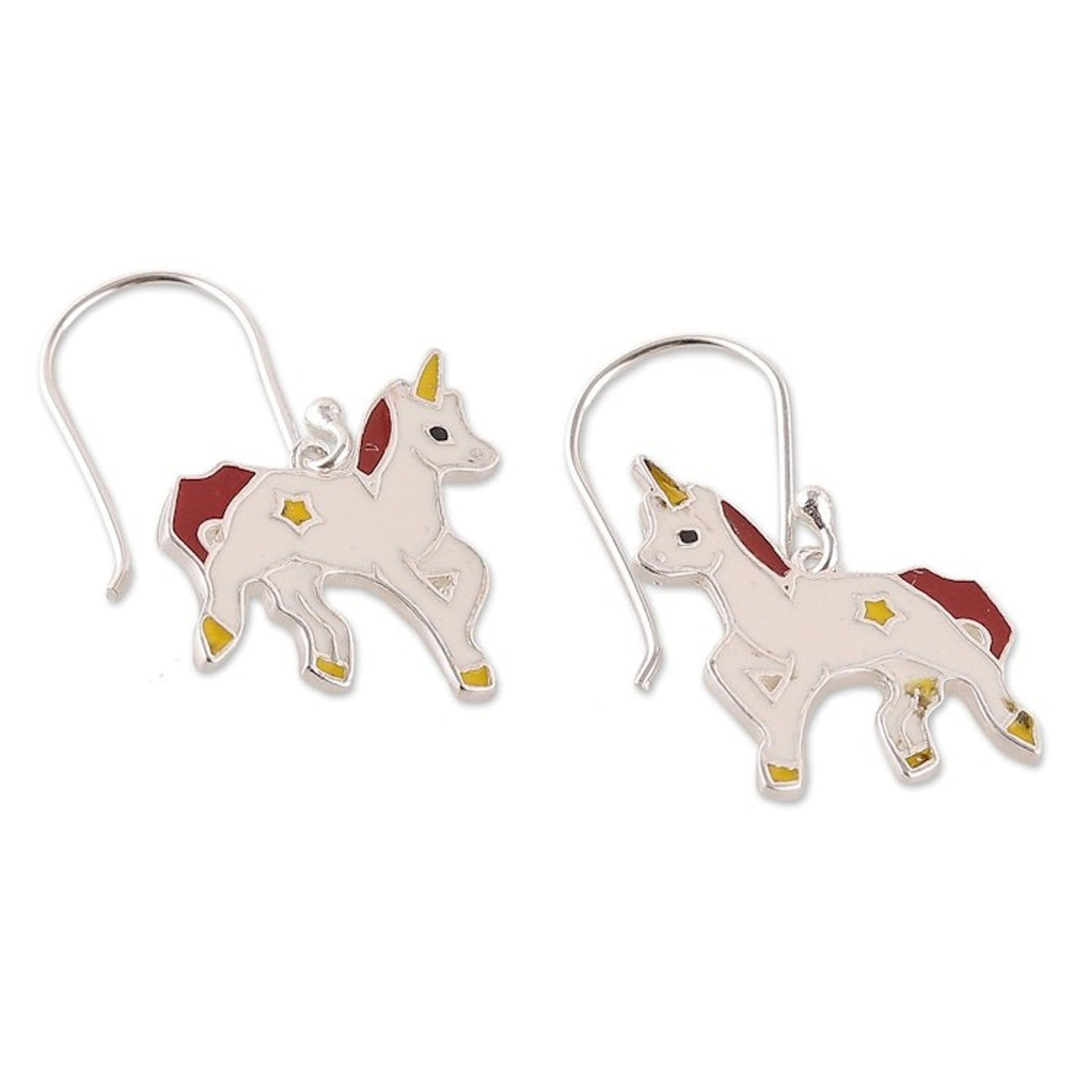 Fantasy-Themed Enamel Sterling Silver Unicorn Dangle Earring 'Unicorn Spell'