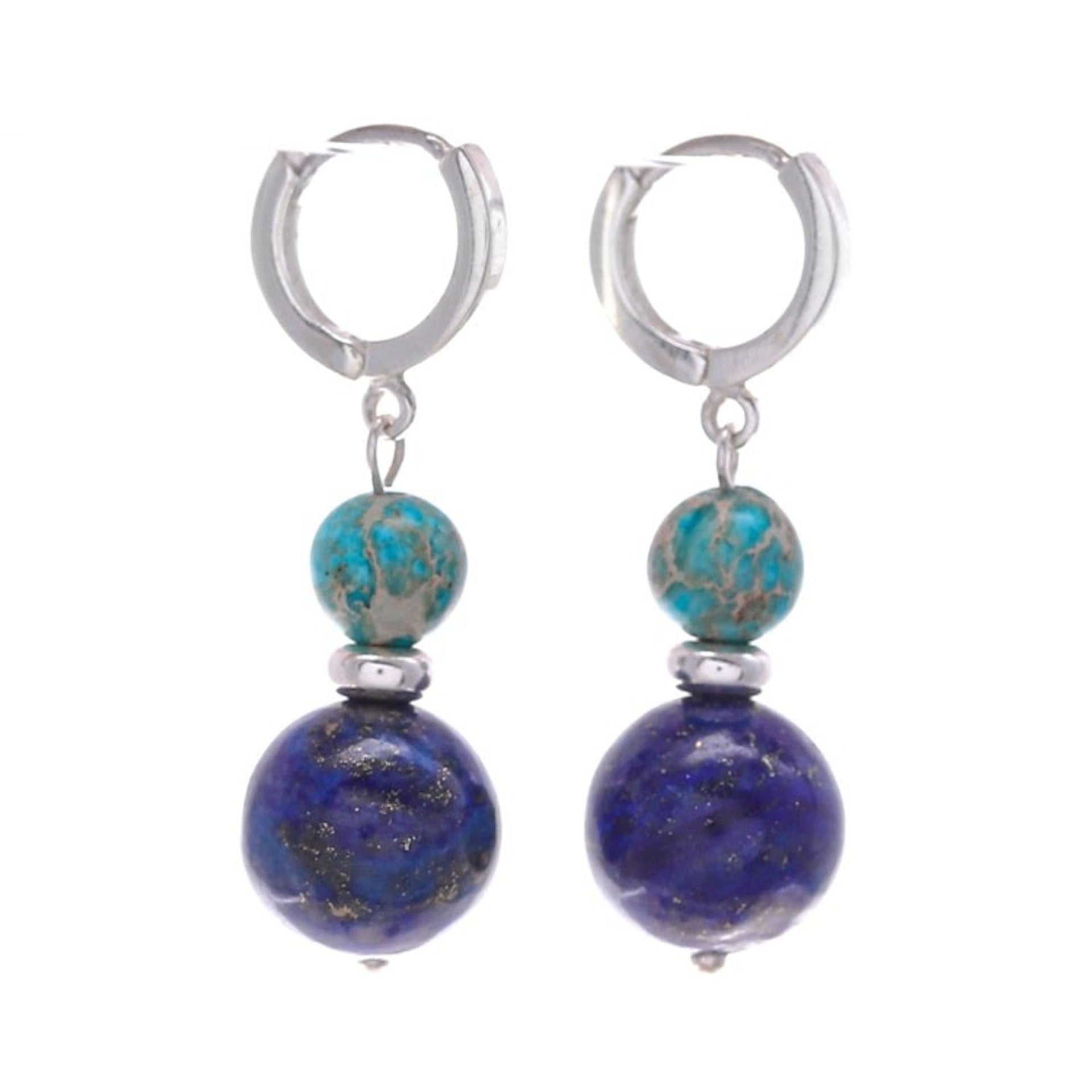 Sterling Silver Hoop Earrings with Lapis Lazuli Turquoise 'Shining Duo'