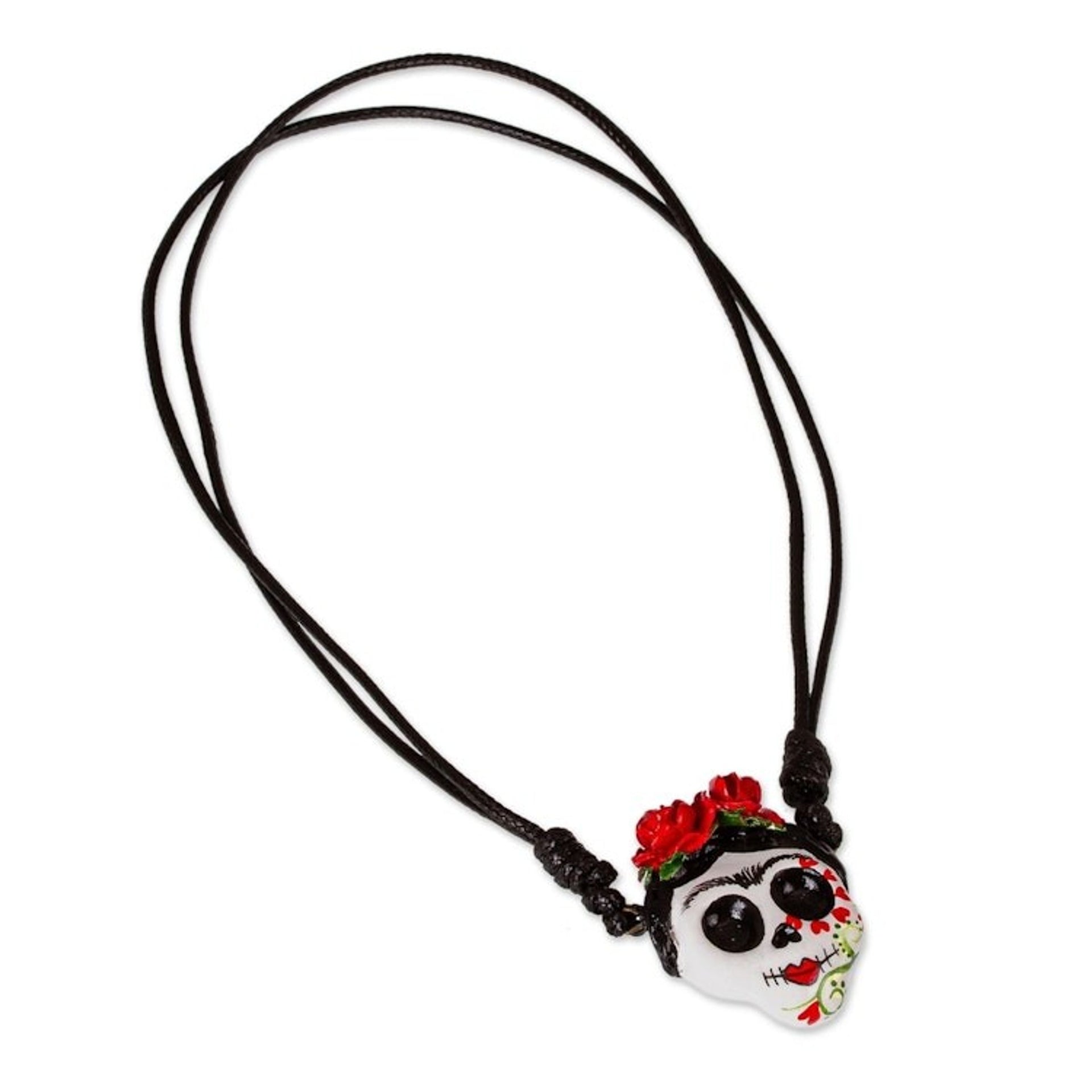 Skull Pendant Necklace on Adjustable Cord 'Romantic Calavera'