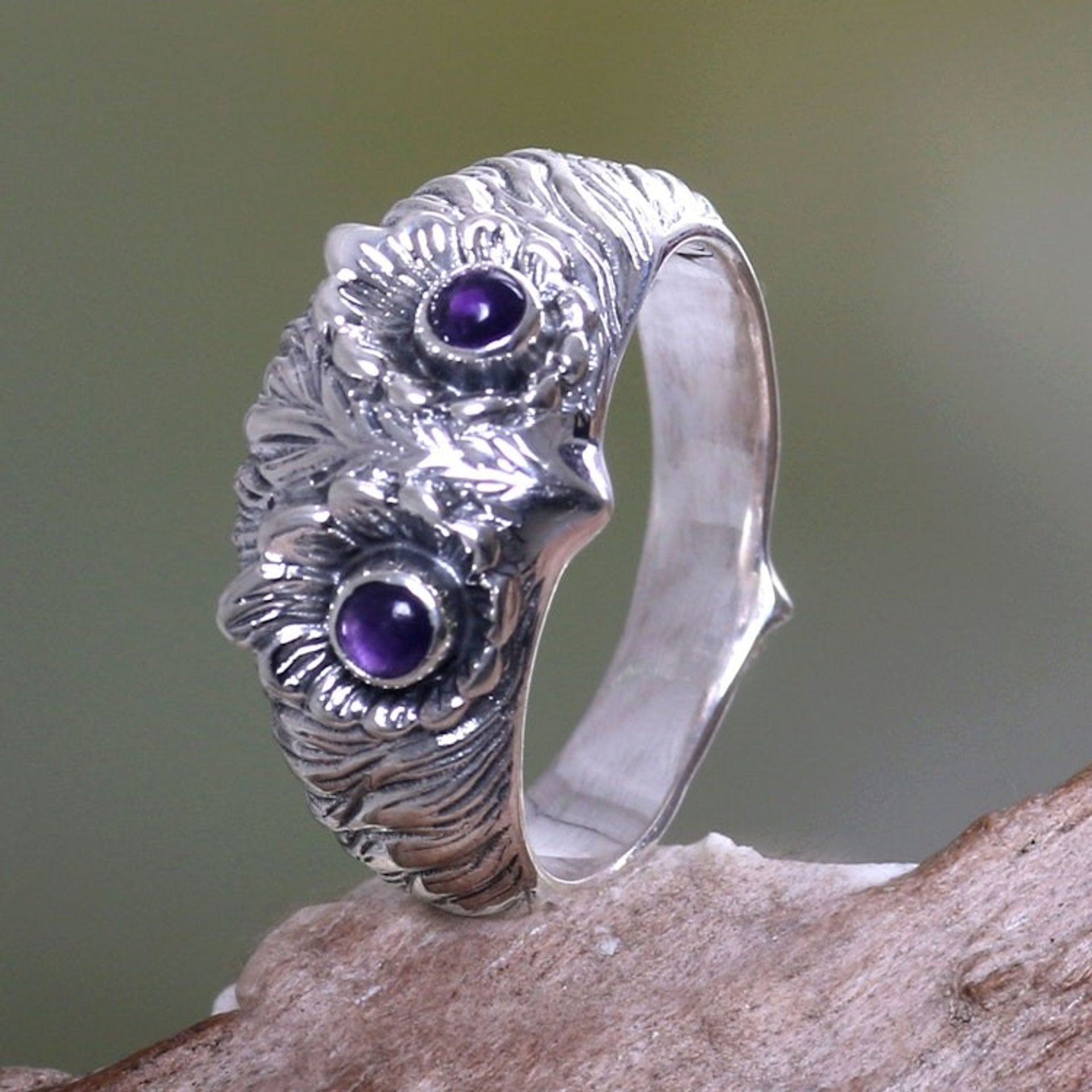 Amethyst and Silver Bird Ring 'Owl Wisdom'