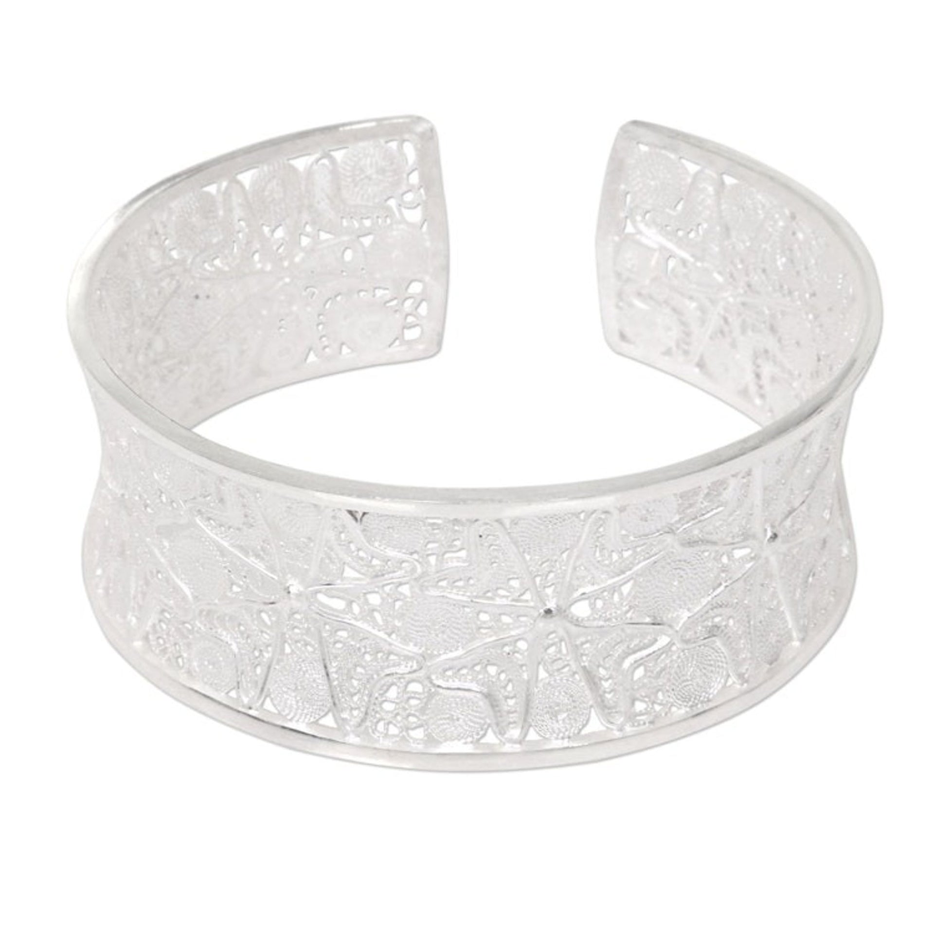 Sterling Silver Balinese Cuff Bracelet with Filigreed Coral 'Shimmering Coral'