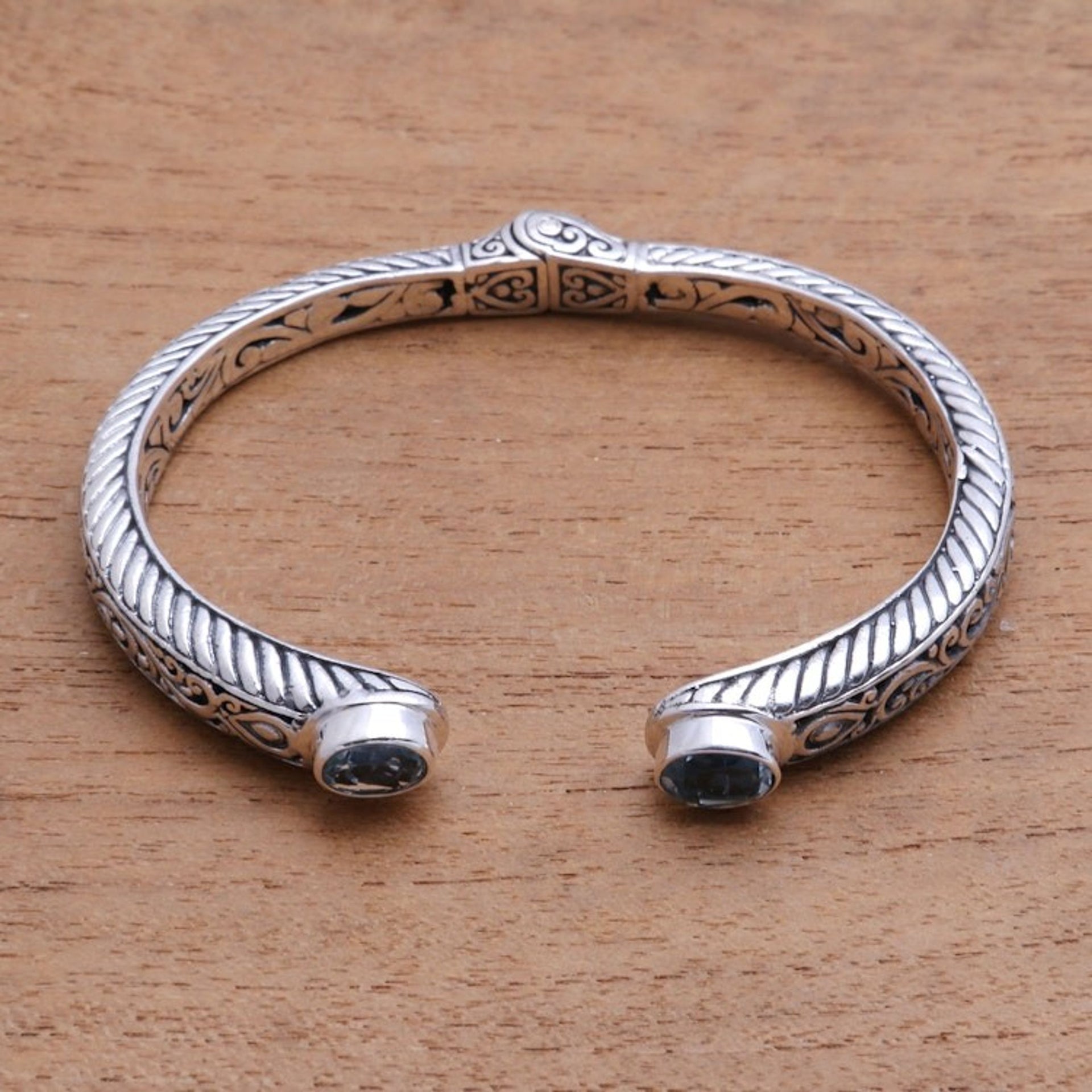 Blue Topaz Scroll and Rope Pattern Cuff Bracelet from Bali 'Treasure Trove'