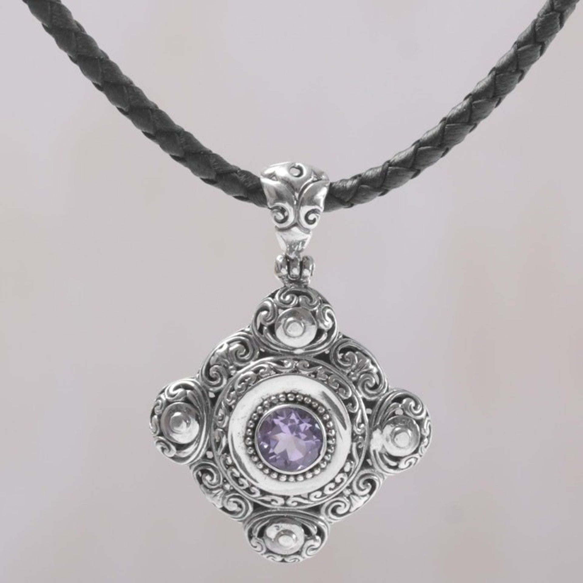 Amethyst and 925 Sterling Silver Pendant Necklace from Bali 'Candi Flower'