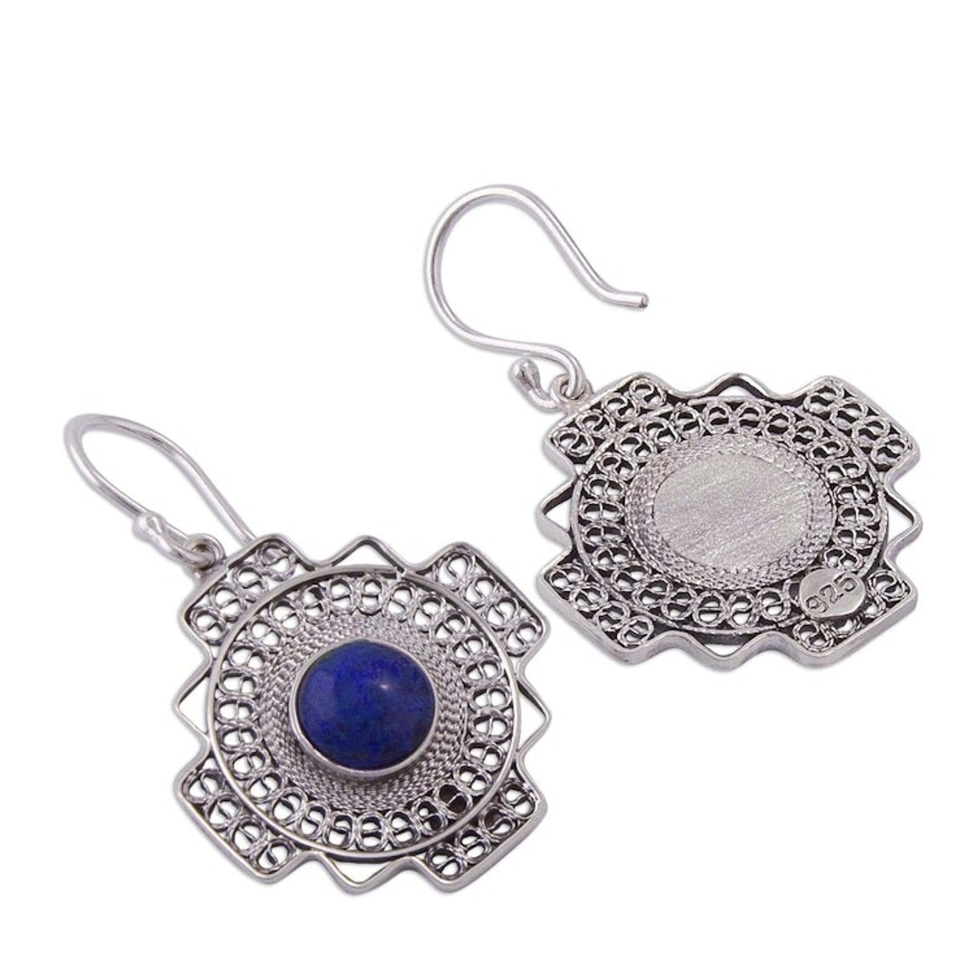 Sodalite Chakana Cross Filigree Dangle Earrings from Peru 'Blue Mountain Chakana'