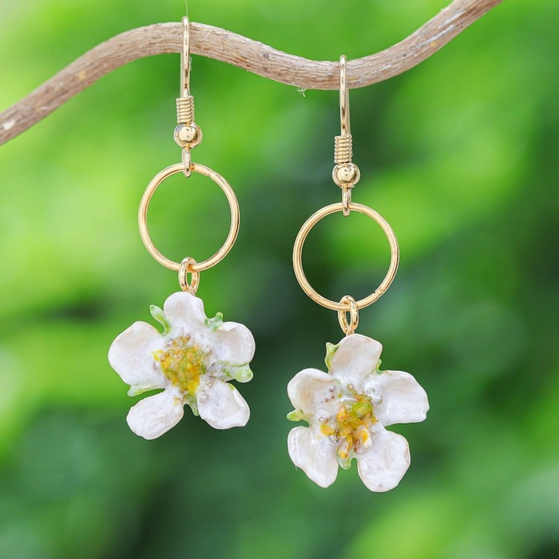 22k Gold-Plated Natural Calabura Flower Dangle Earrings 'Heavenly Celebration'