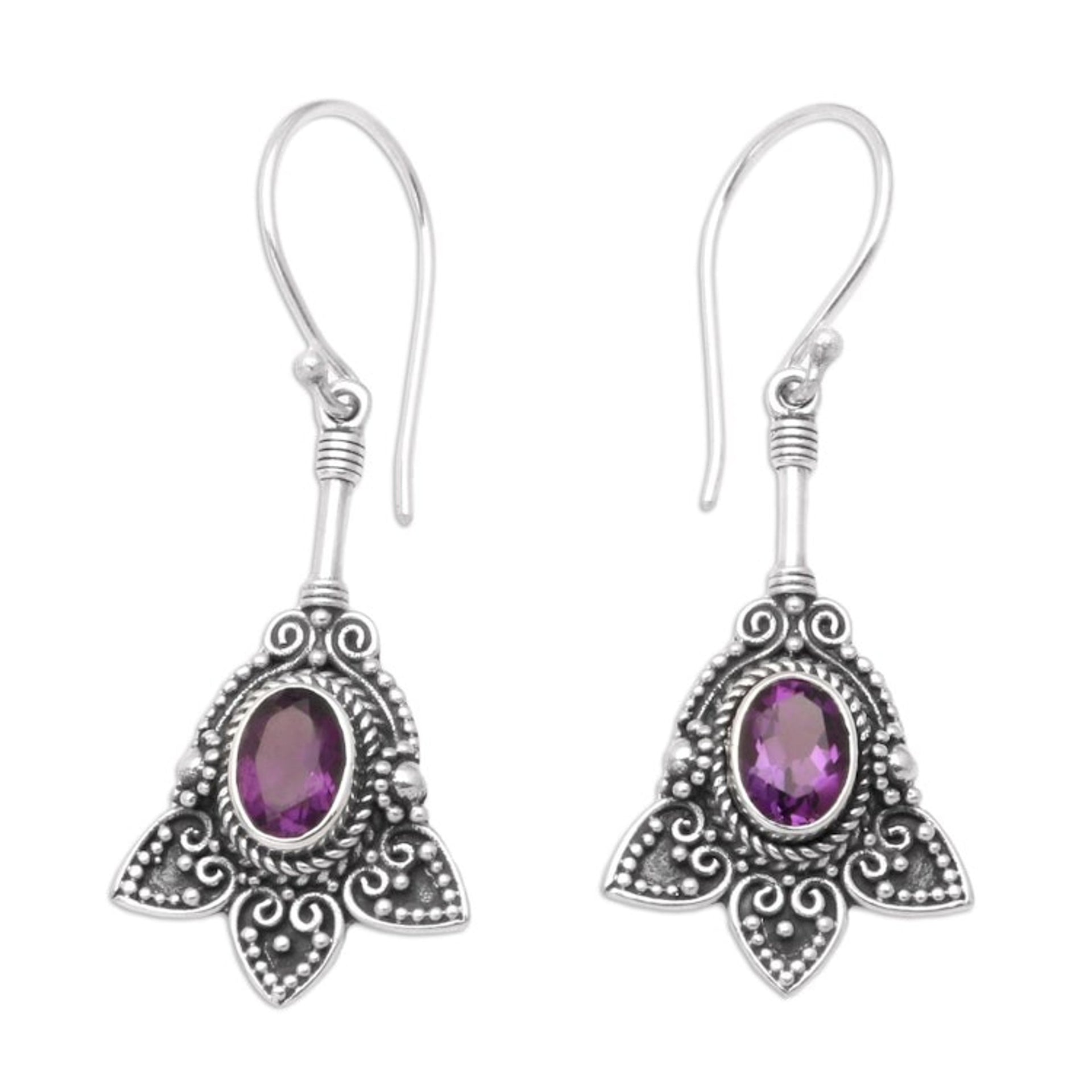 Balinese Sterling Silver and Amethyst Dangle Earrings 'Visionary Soul'