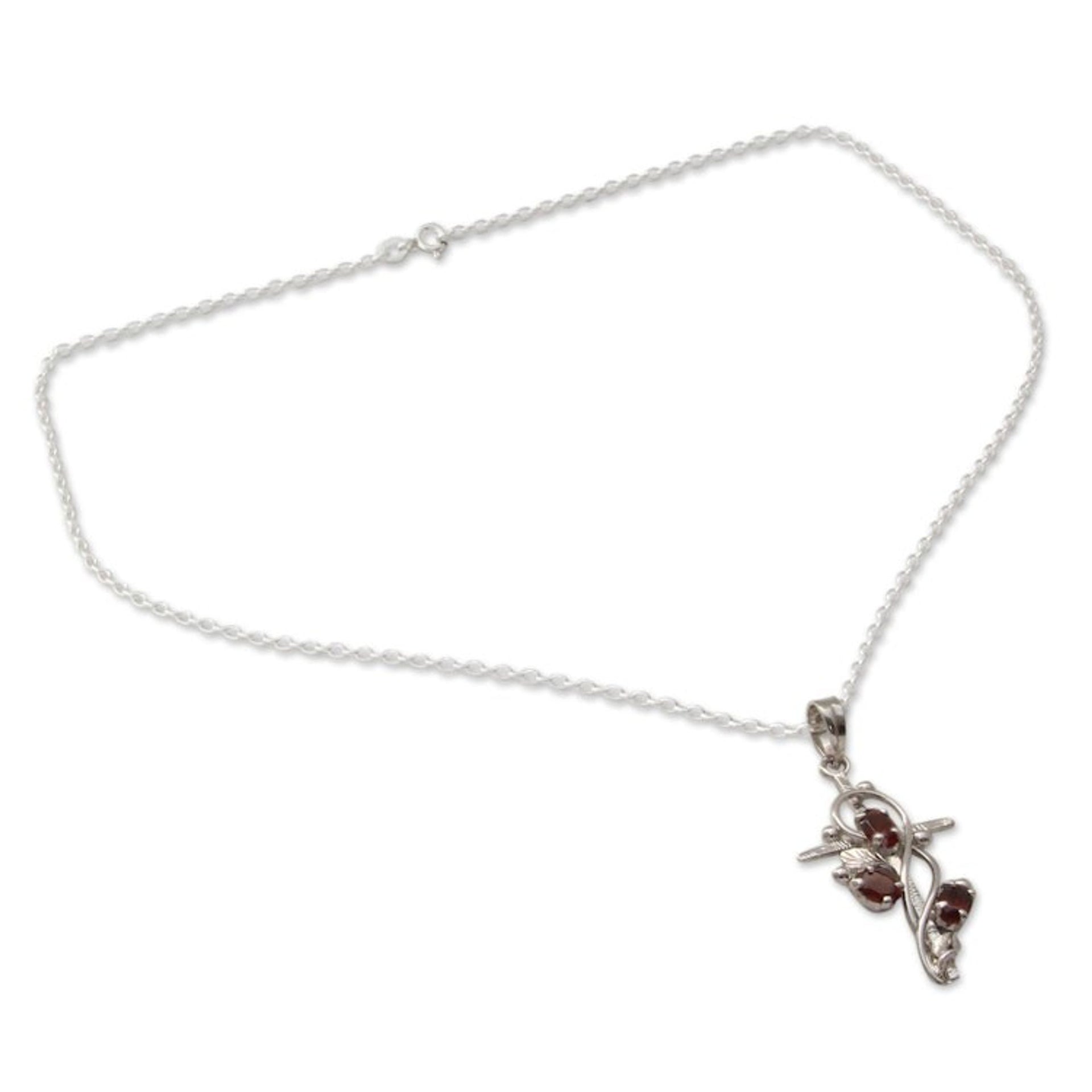 Garnet and Silver Cross Pendant Necklace from India 'Sacred Trinity'