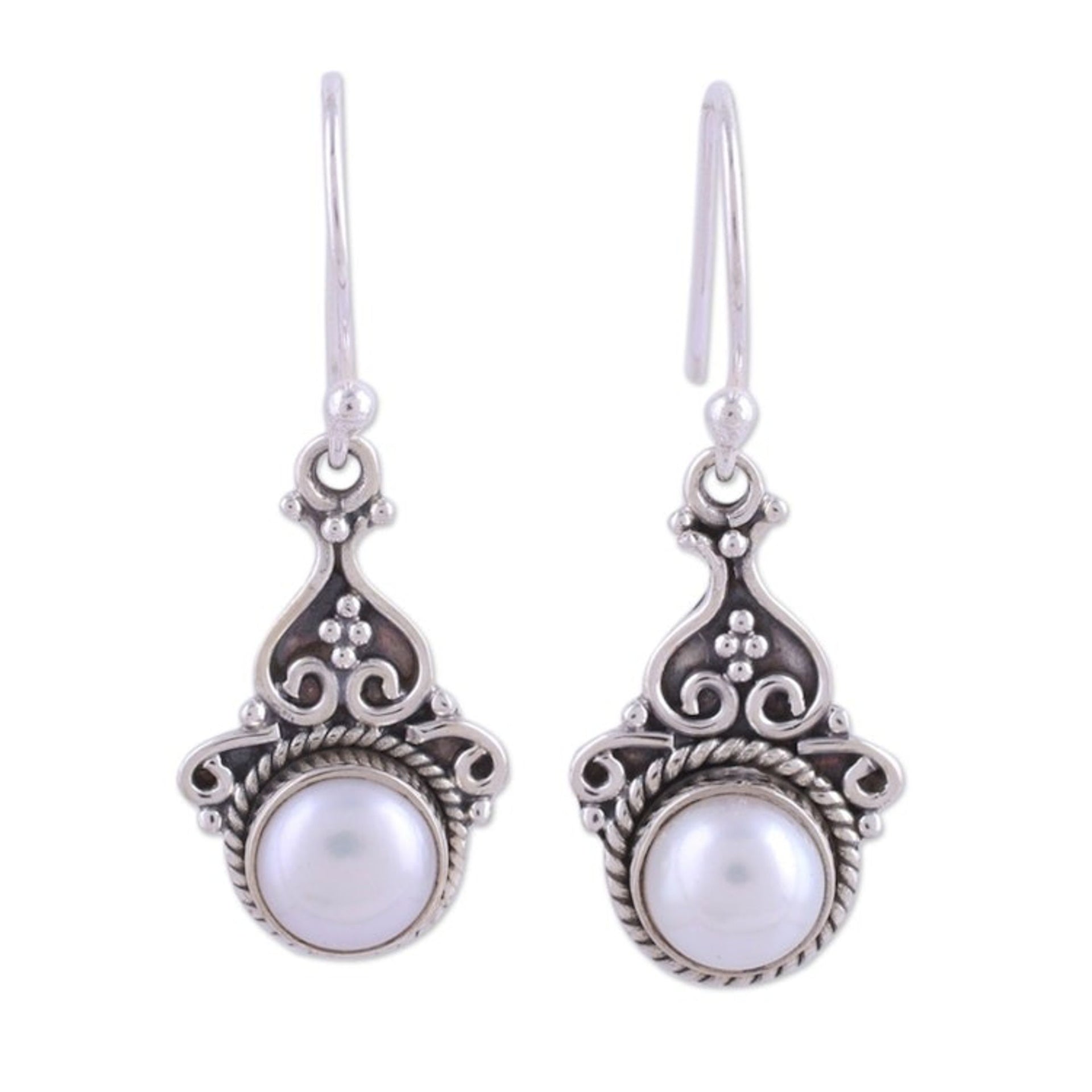 Cultured Pearl Sterling Silver Dangle Earrings from India 'Crowned Charm'