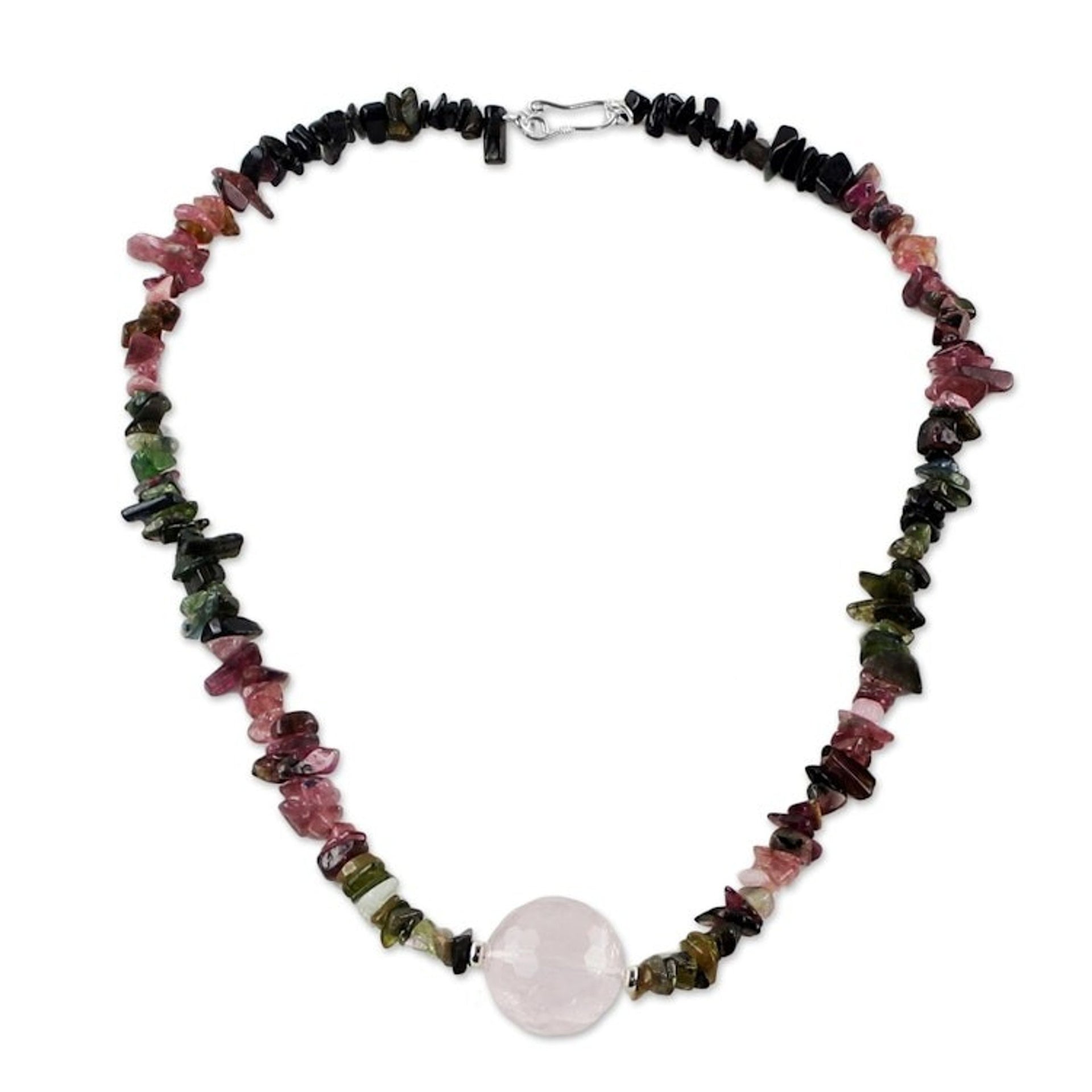 Thai Rose Quartz and Tourmaline Beaded Pendant Necklace 'Natural Rose'