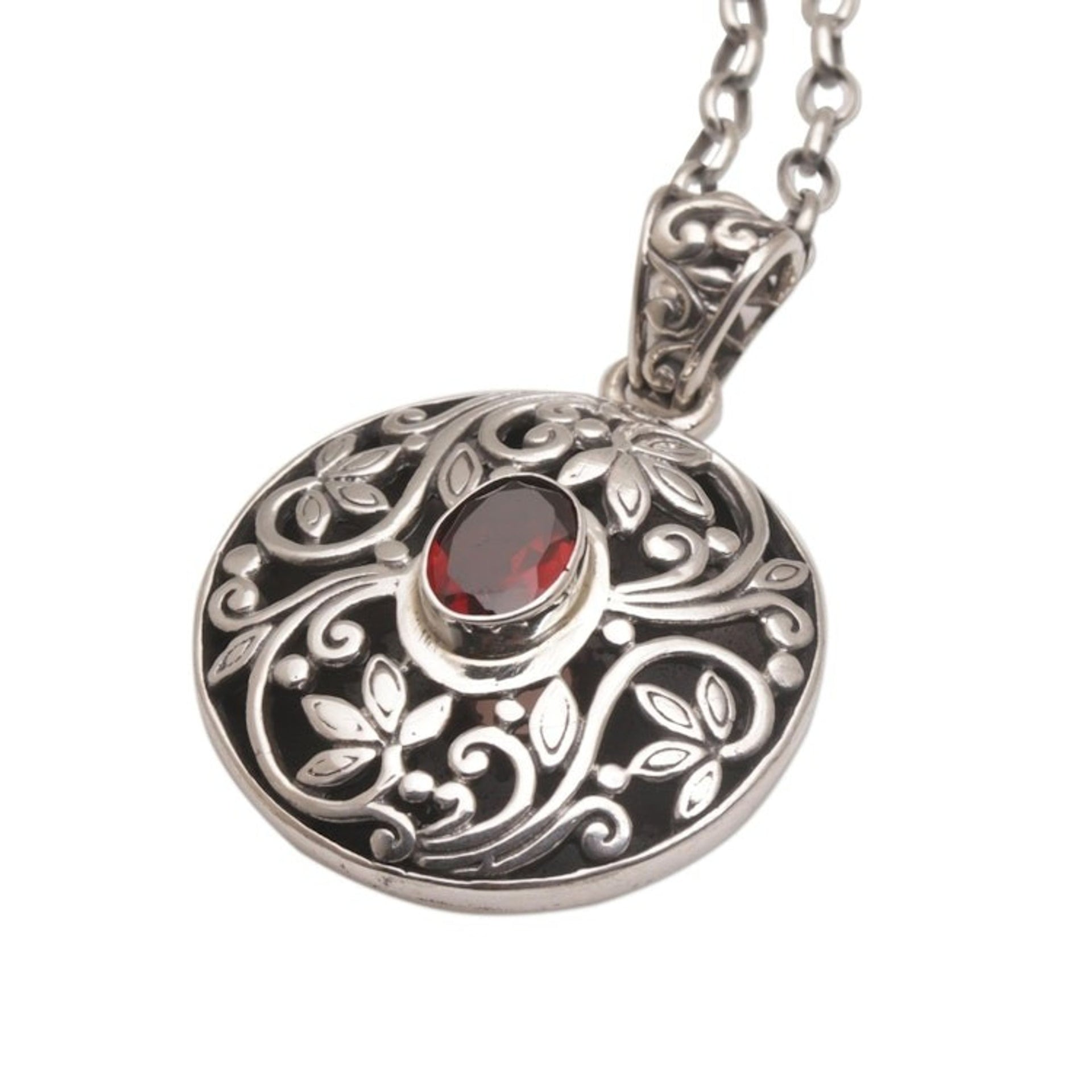 Artisan Handmade 925 Sterling Silver Garnet Pendant Necklace 'Floral Eye in Red'