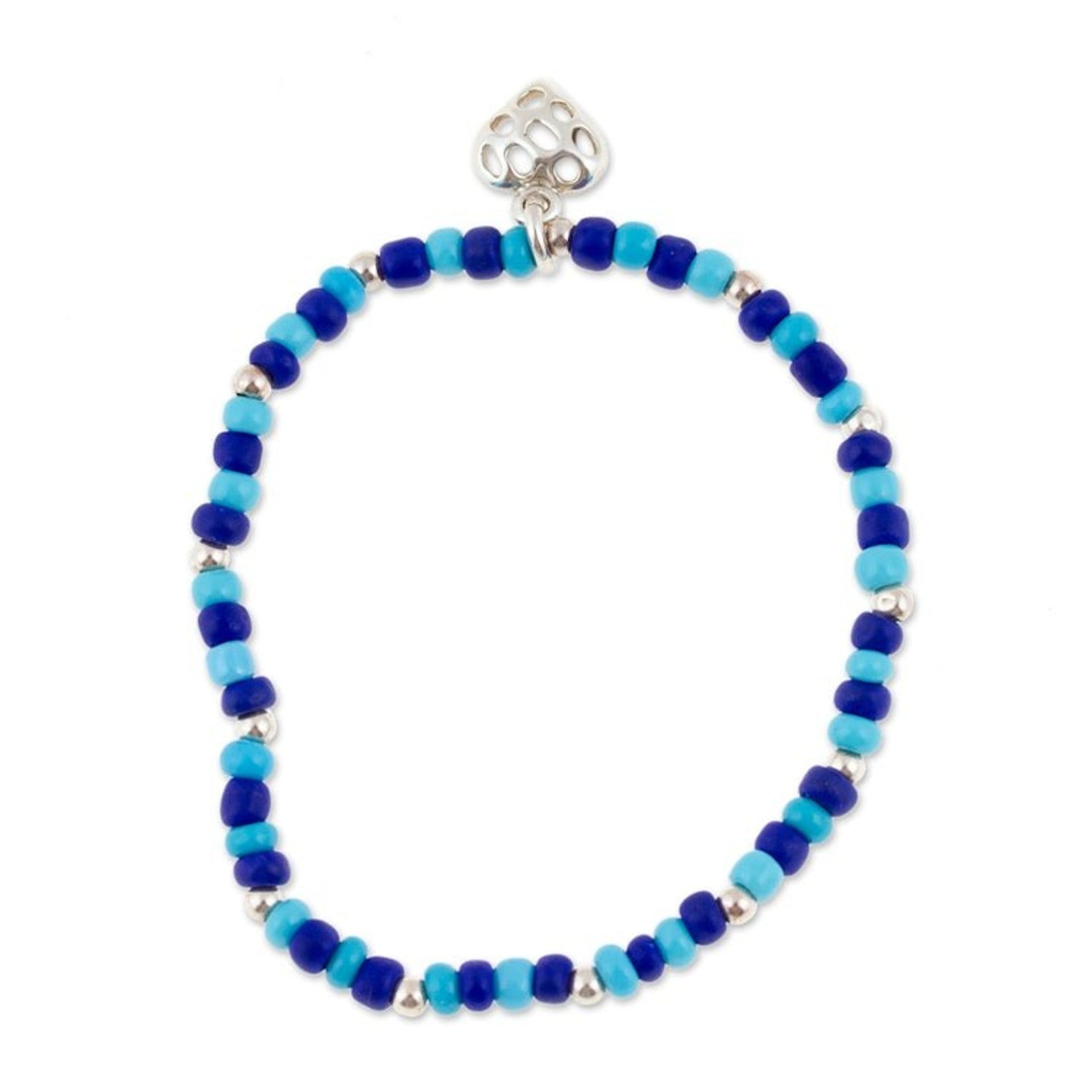 Beaded Stretch Bracelet with Taxco Silver Heart Charm 'Openwork Heart'