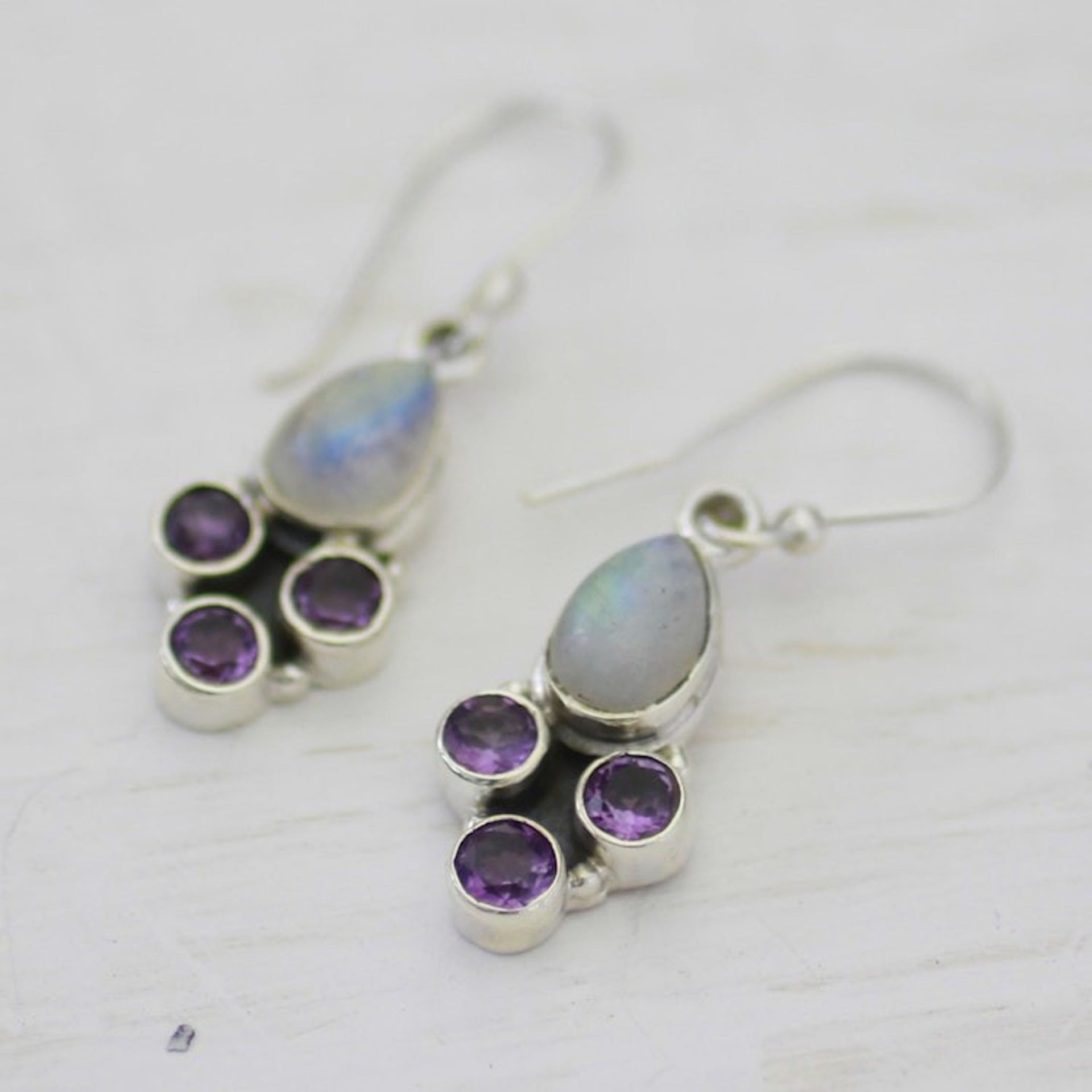 Rainbow Moonstone and Amethyst Dangle Earrings from India 'Enthralling Sky in Purple'