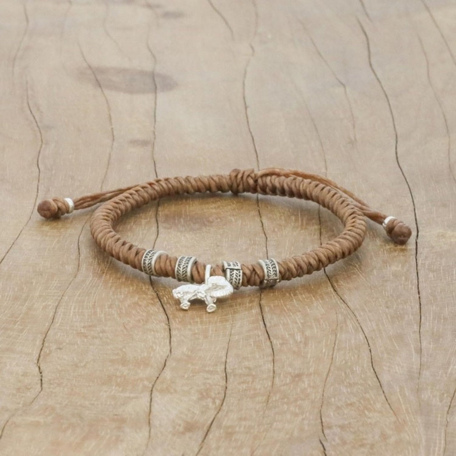 Karen Silver Elephant Bracelet in Tan from Thailand 'Wondrous Elephant in Tan'