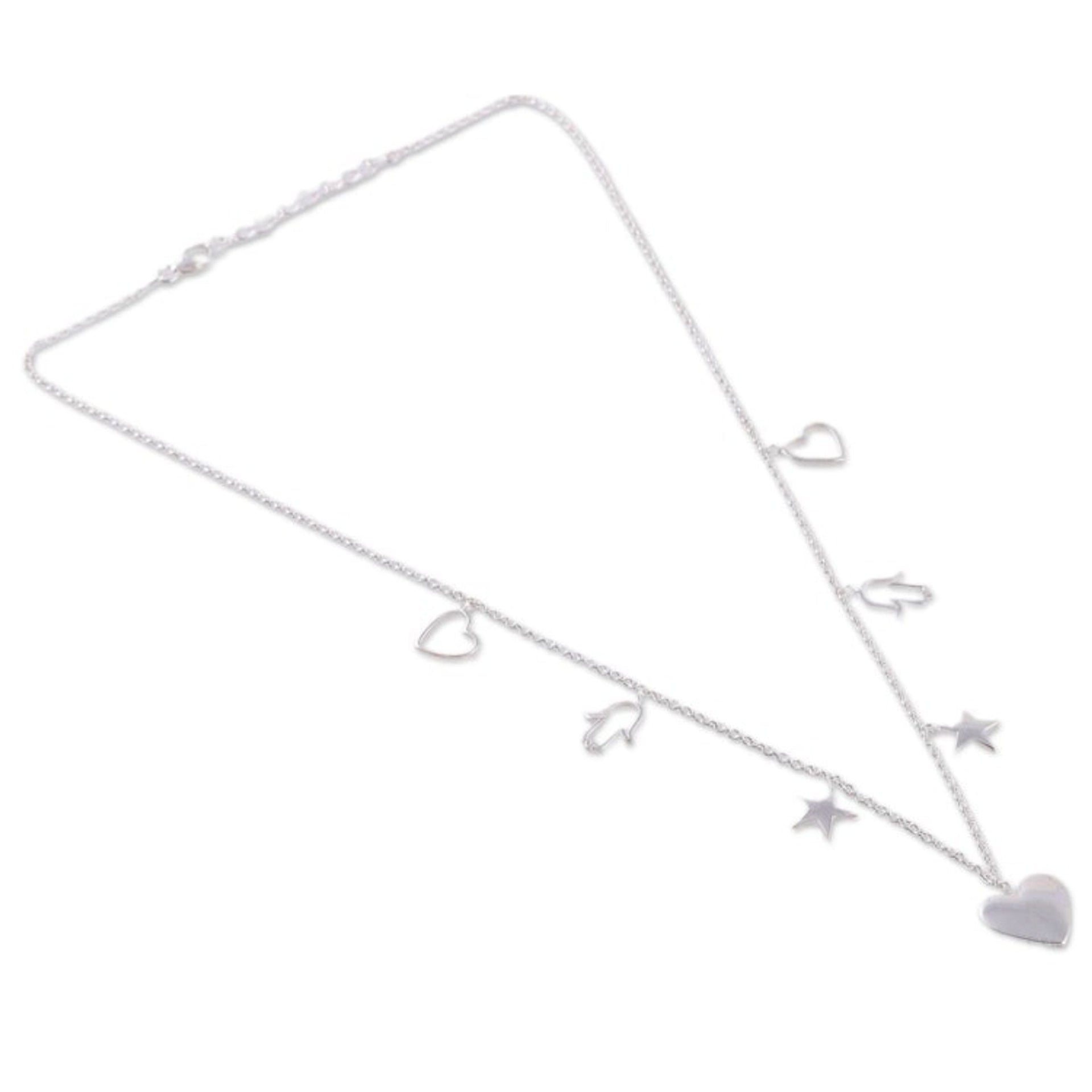 Heart, Star and Hamsa-Themed Sterling Silver Charm Necklace 'Magic Desires'