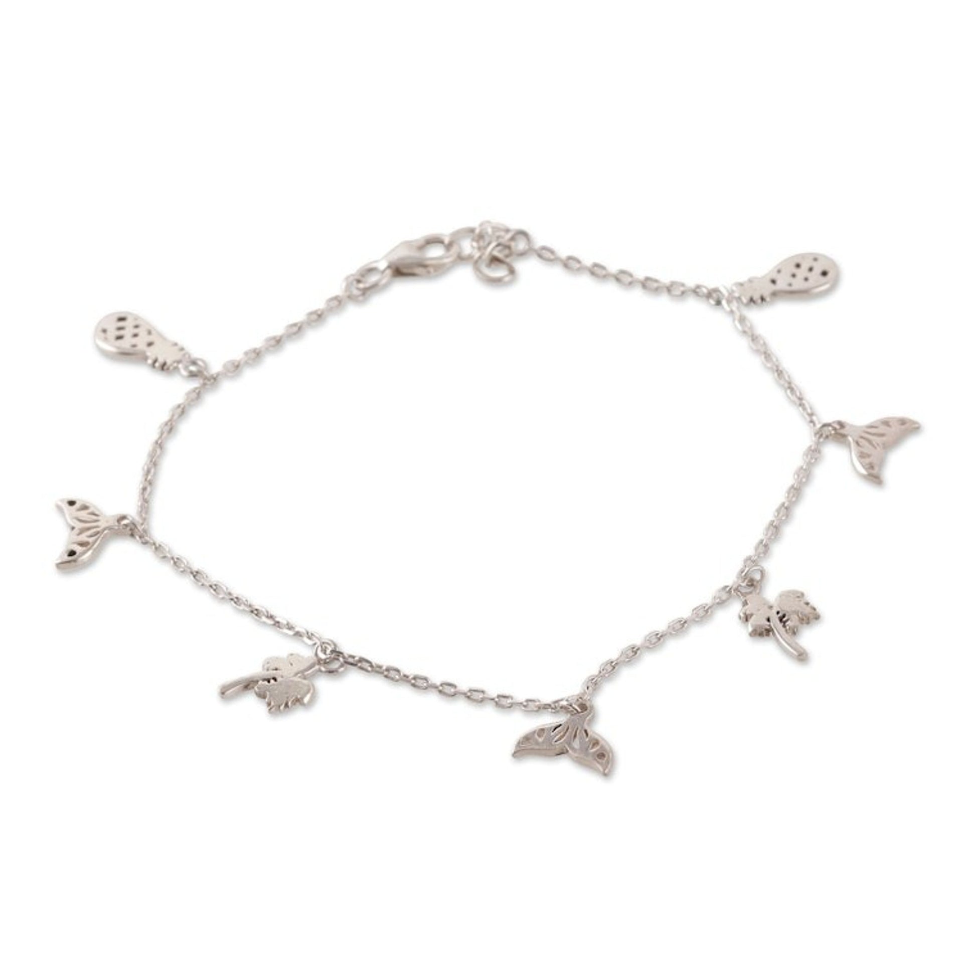 Silver Bracelet with Whale Tail Pineapple Palm Tree Charms 'Tropical Flair'
