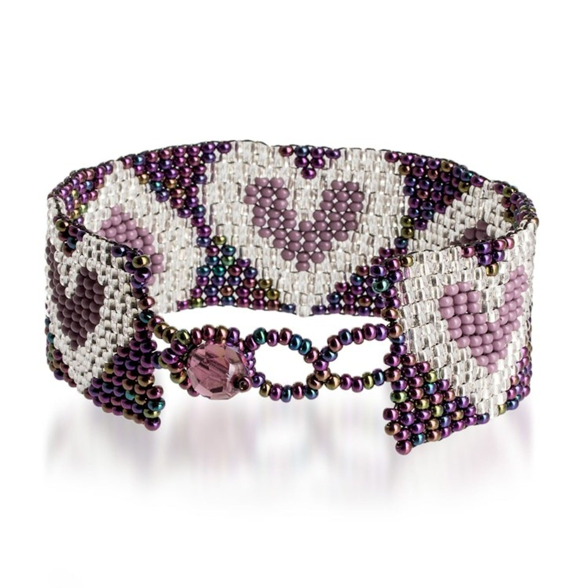 Purple Silver-Toned Heart-Themed Beaded Wristband Bracelet 'Lilac Queen of Hearts'