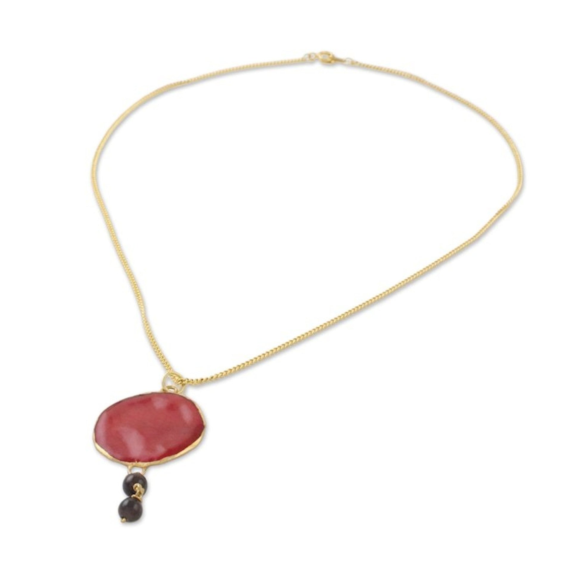 Garnet and Gold Plated Natural Rose Petal Pendant Necklace 'Autumn Red Rose'