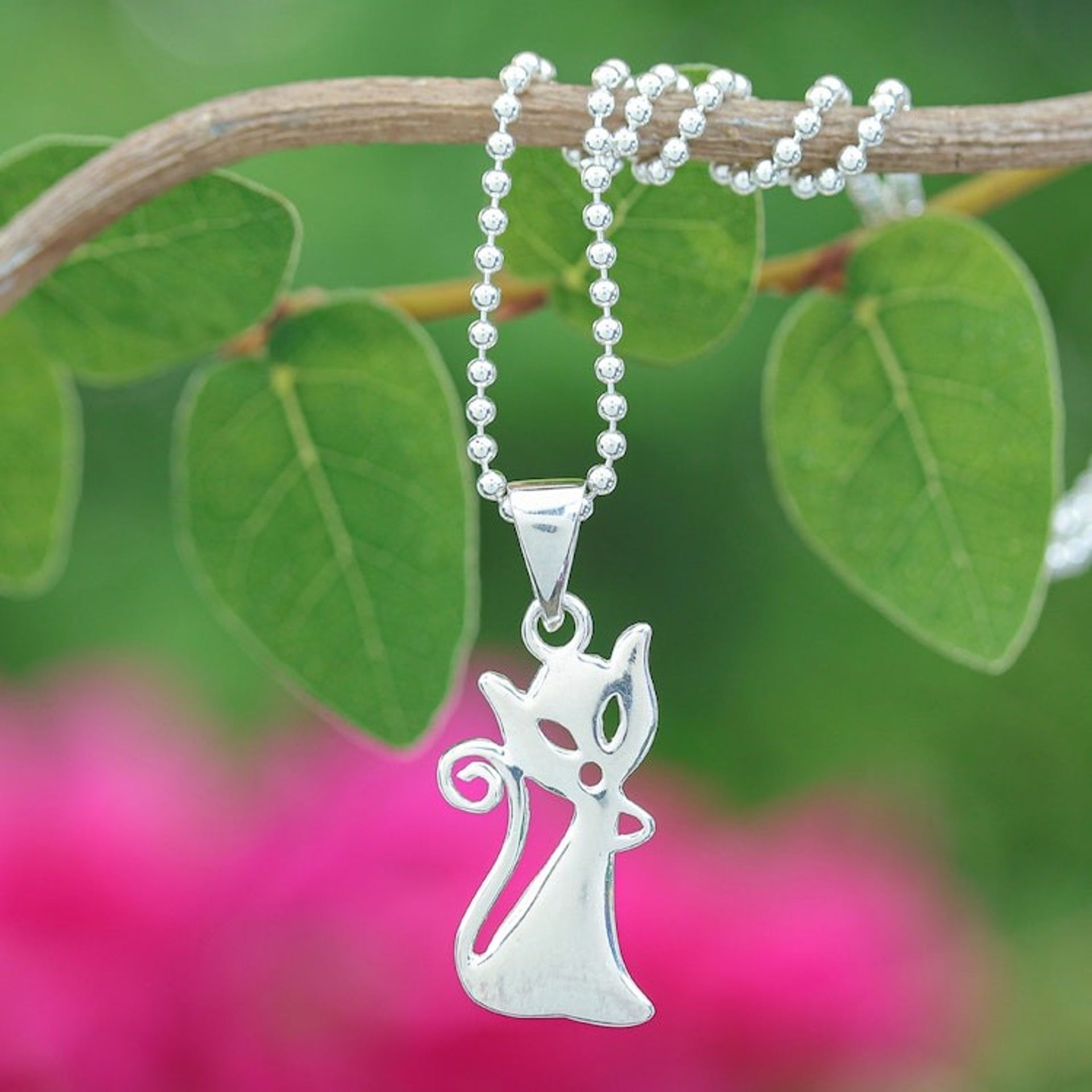 Cat-Shaped Sterling Silver Pendant Necklace from Thailand 'Cat Appeal'