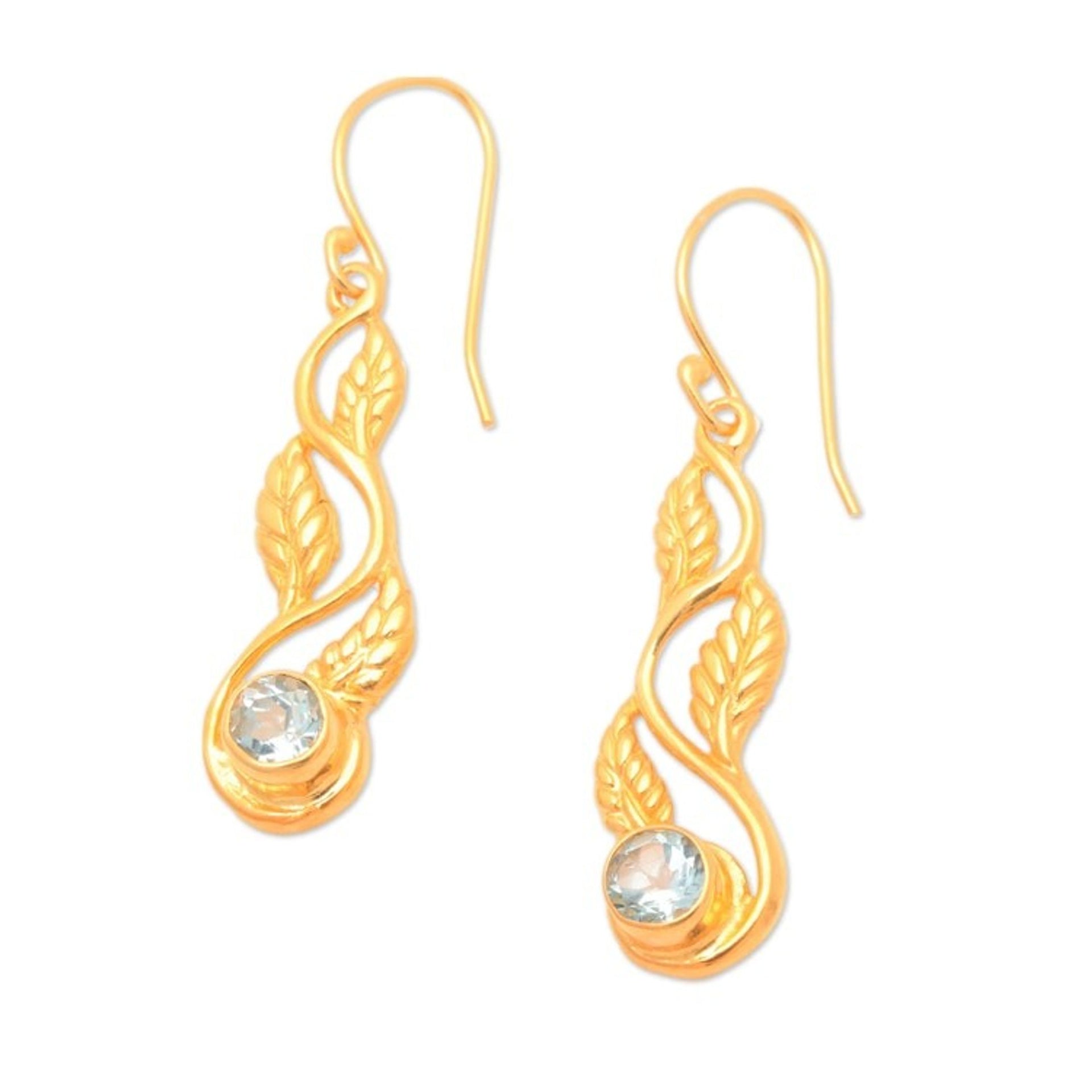 22k Gold-Plated Leafy Blue Topaz Dangle Earrings from Bali 'Vines of Loyalty'