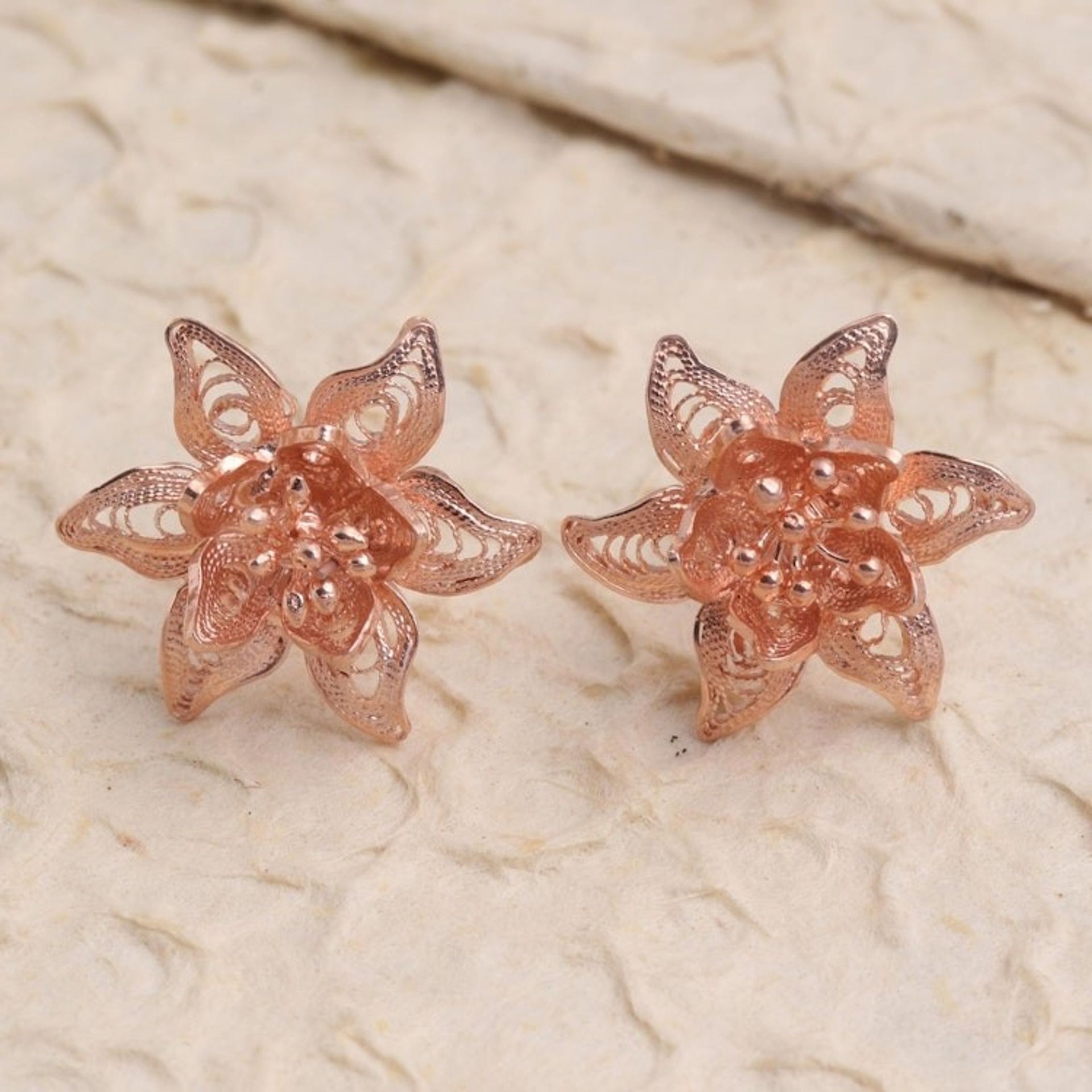 Hand Made Rose Gold Plated Flower Button Earrings 'Flower Joy'