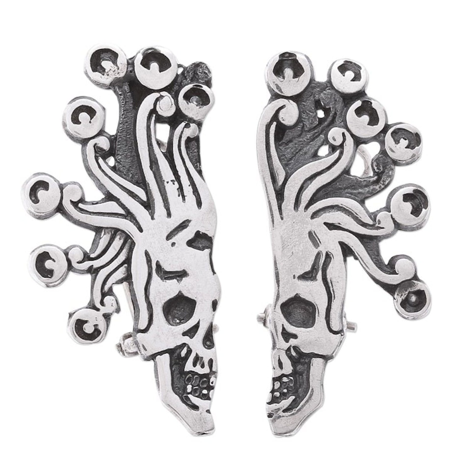 Sterling Silver Aztec God of Death Drop Earrings 'Miquiztli'