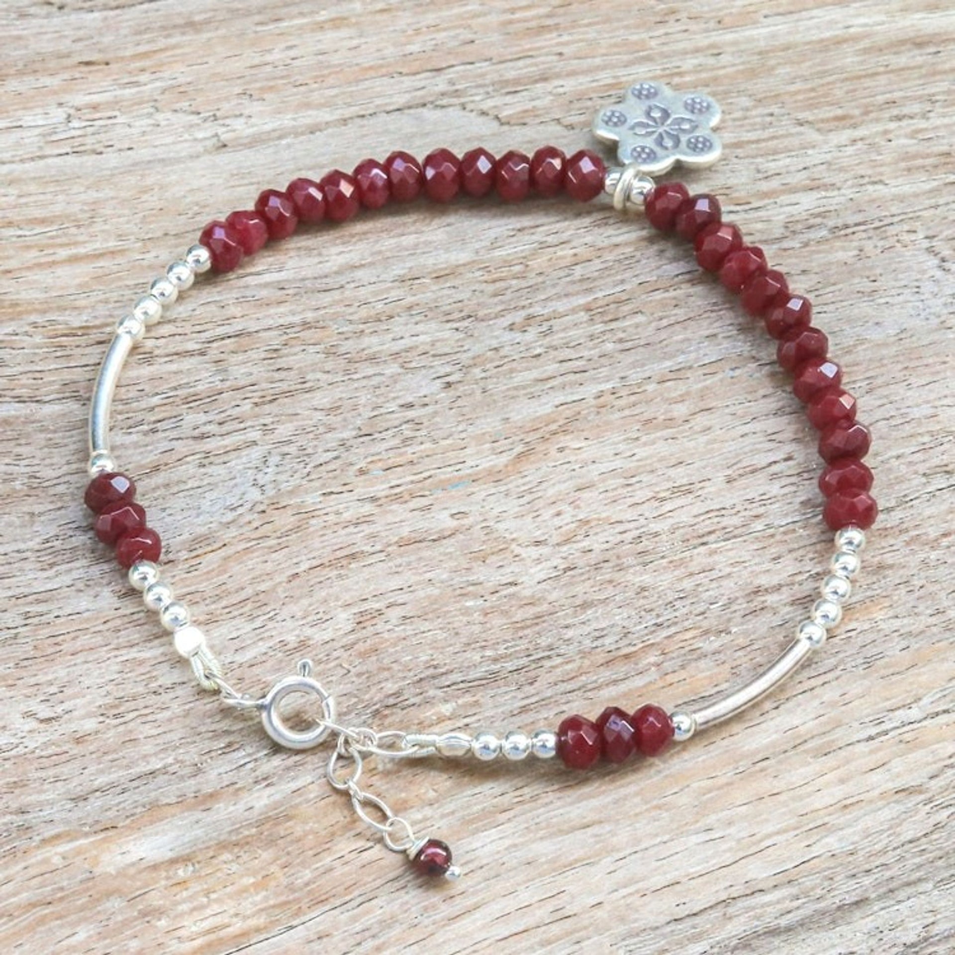 Floral Garnet Beaded Bracelet from Thailand 'Karen Glisten'