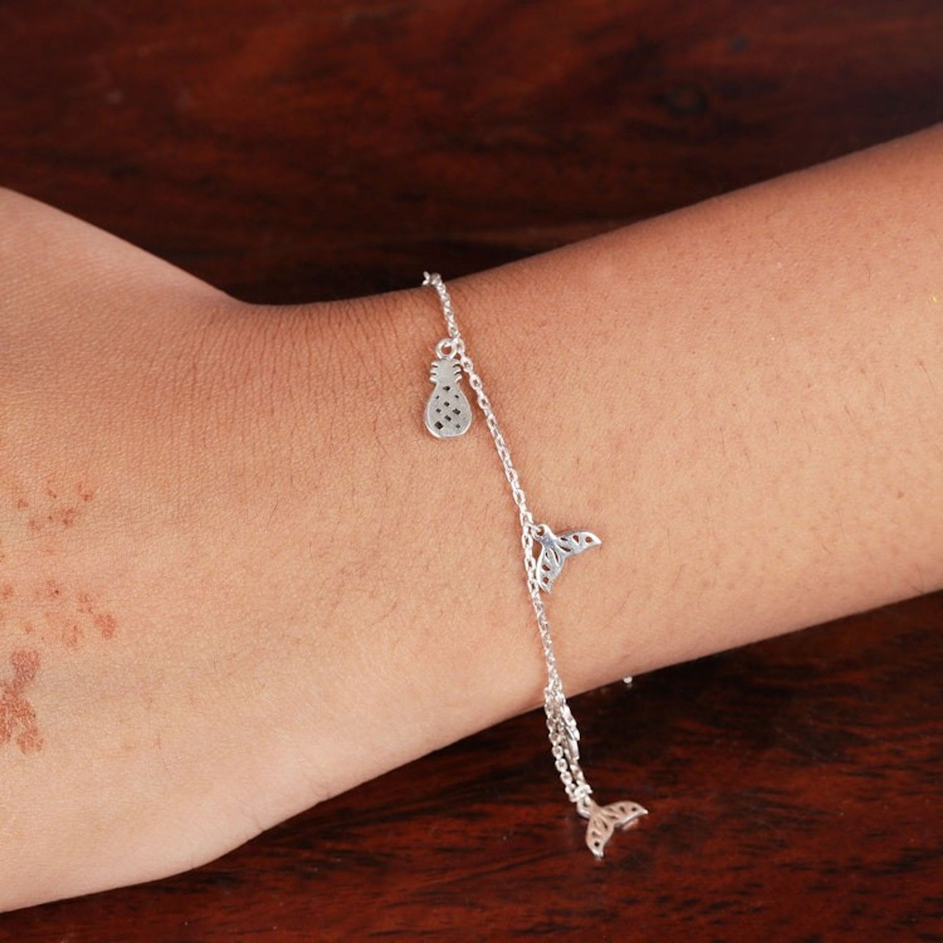 Silver Bracelet with Whale Tail Pineapple Palm Tree Charms 'Tropical Flair'