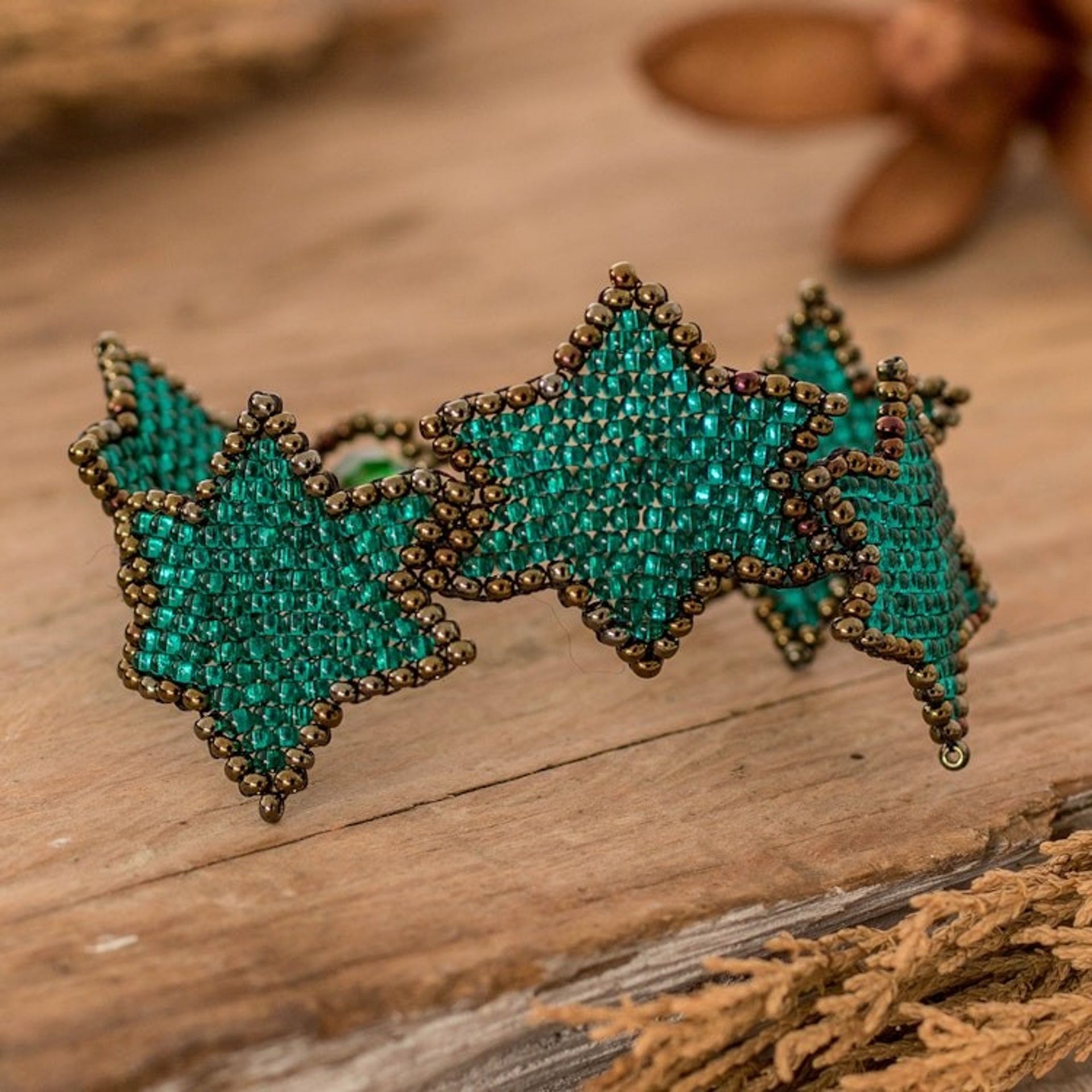 Teal Bronze Star-Themed Handmade Beaded Wristband Bracelet 'Teal Starlight'
