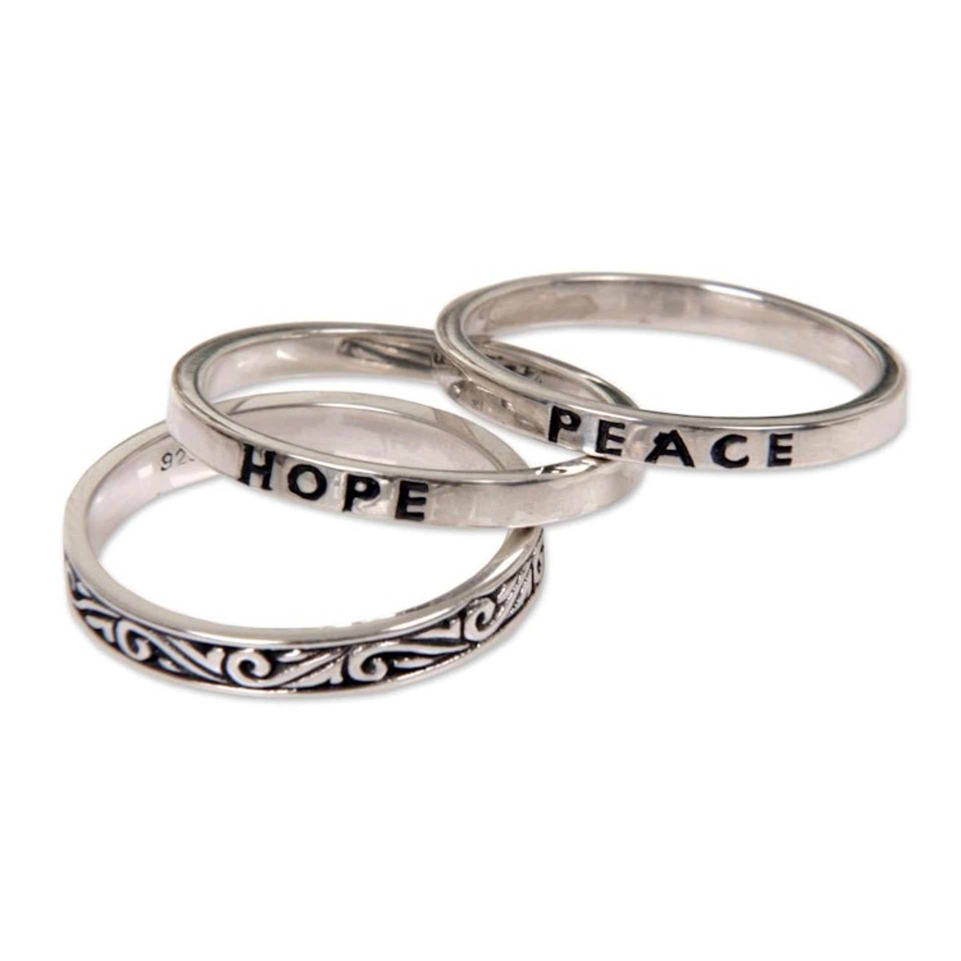 3 Sterling Silver Hope and Peace Stacking Rings Bali 'Hope for Peace'