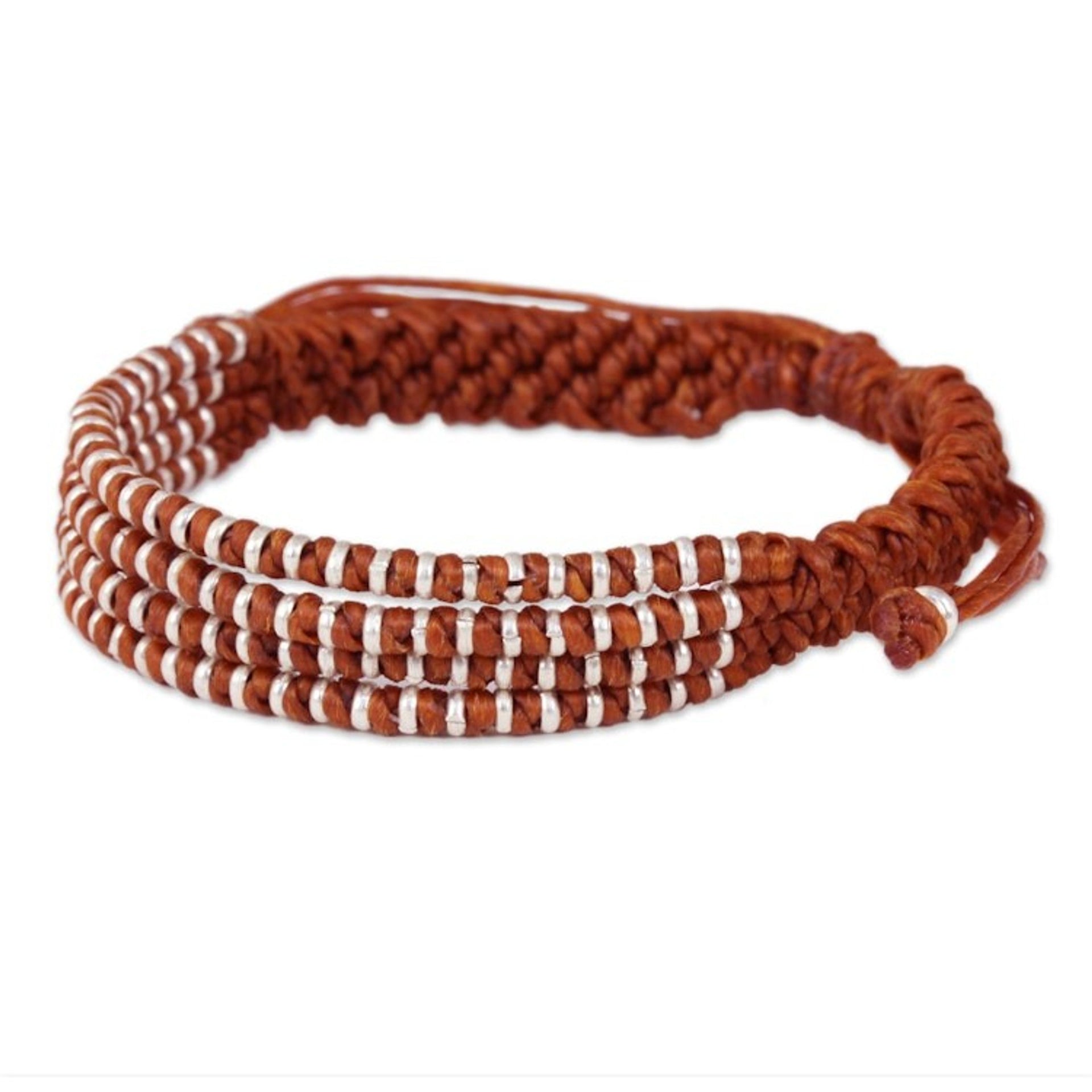 Ginger-Orange Macrame Bracelet with Hill Tribe Silver Beads 'Ginger Chiang Mai Quartet'