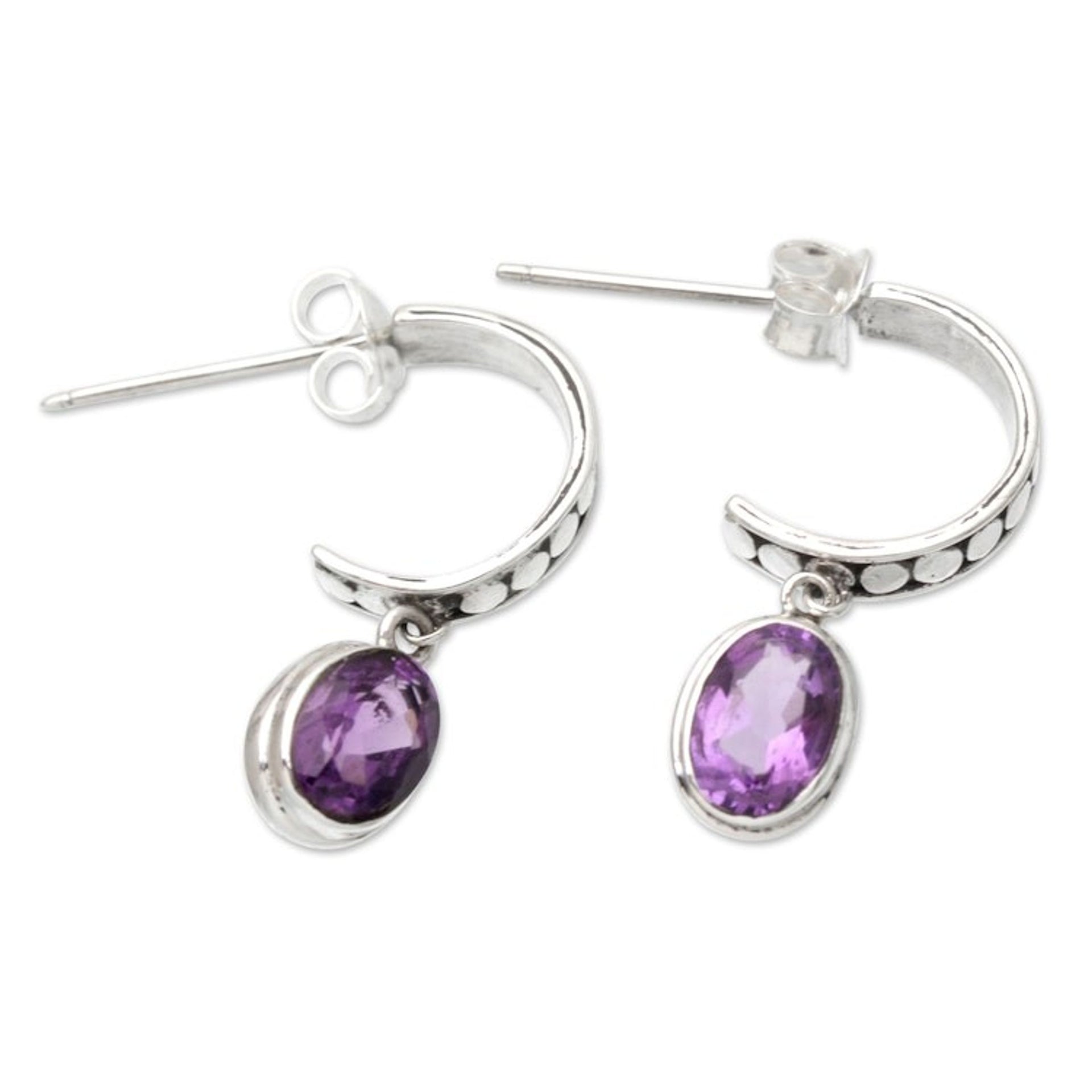 Sterling Silver Half-Hoop Earrings with Amethyst Gems 'Purple Cuddle'
