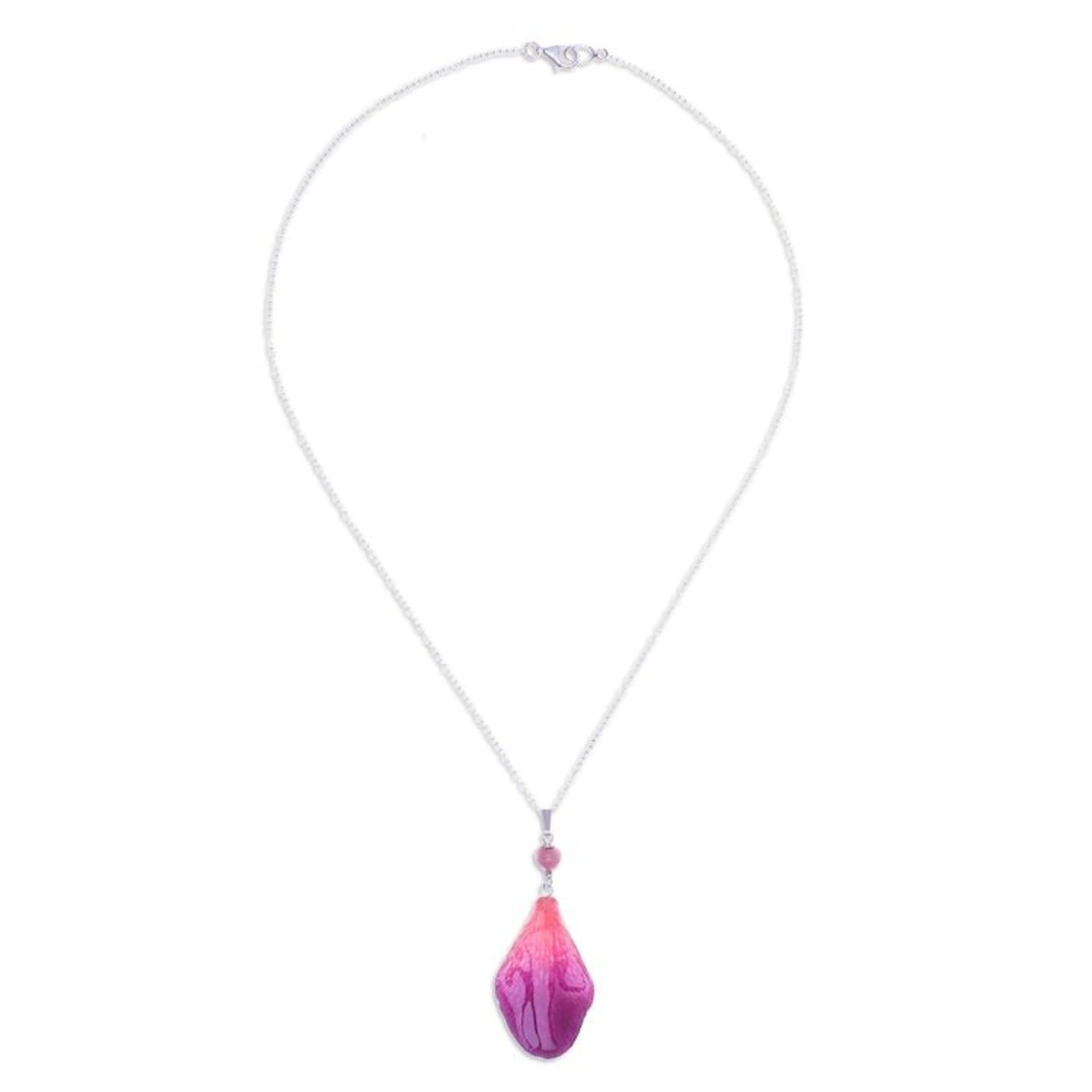 Resin-Coated Orchid Petal Pendant Necklace 'Bloom Basket in Fuchsia'
