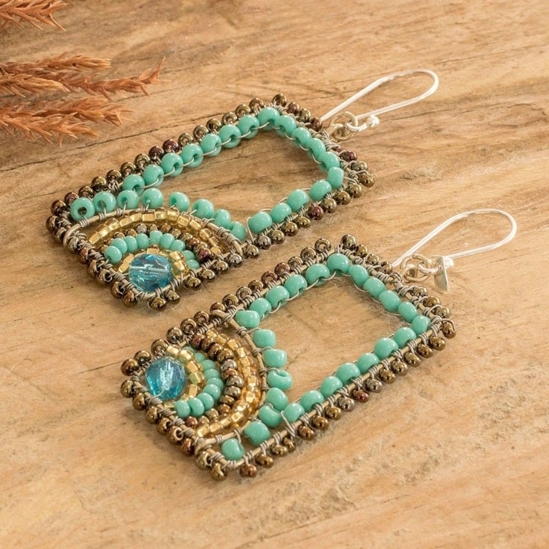 Rectangular Turquoise and Golden Beaded Dangle Earrings 'Aqua Portals'