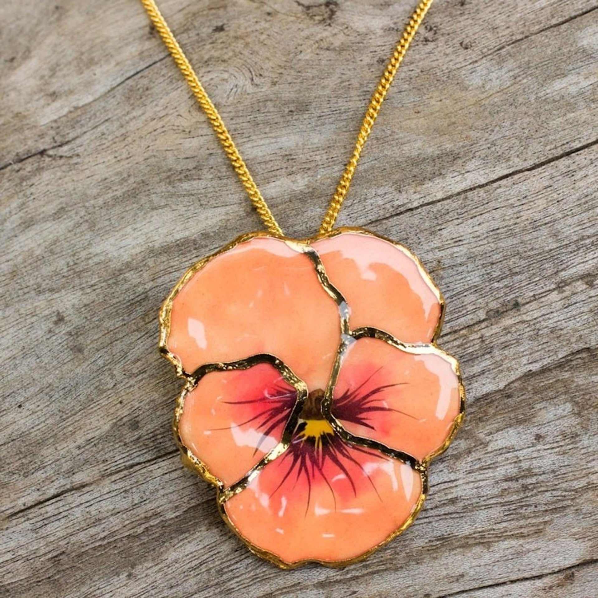 Natural Flower Pendant Necklace from Thailand 'Peach Pansy'