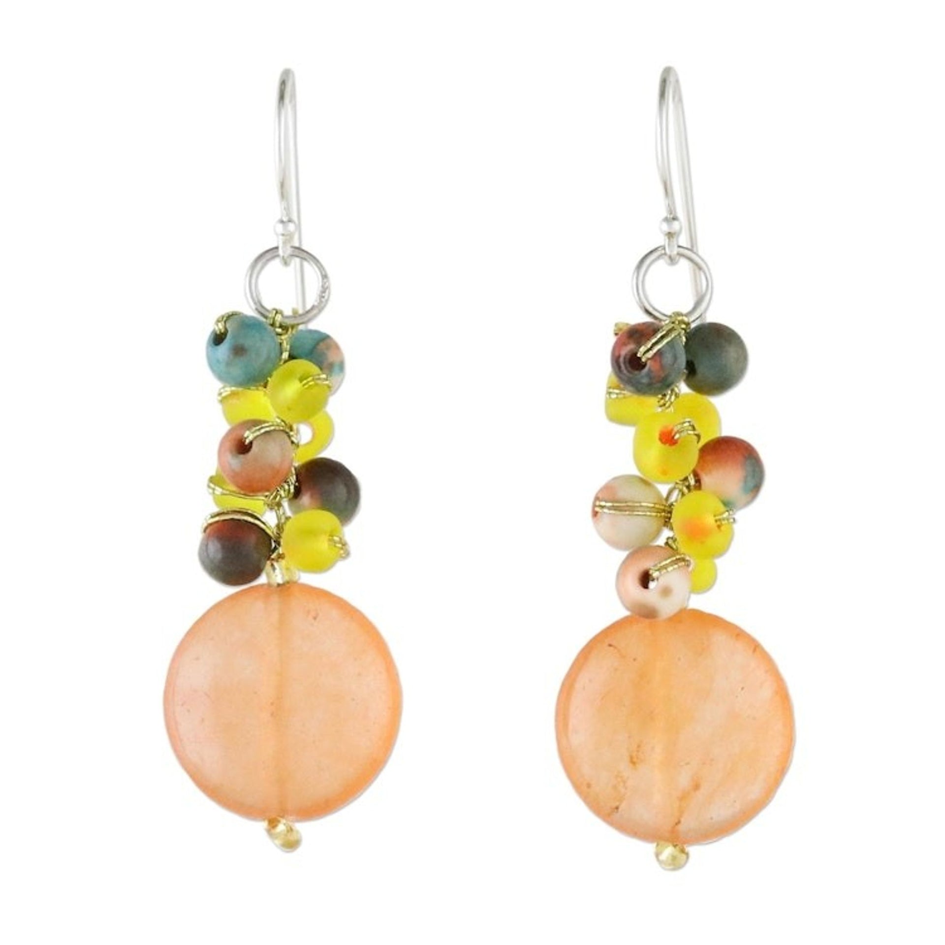 Orange Quartz and Glass Bead Dangle Earrings from Thailand 'Fun Circles in Orange'