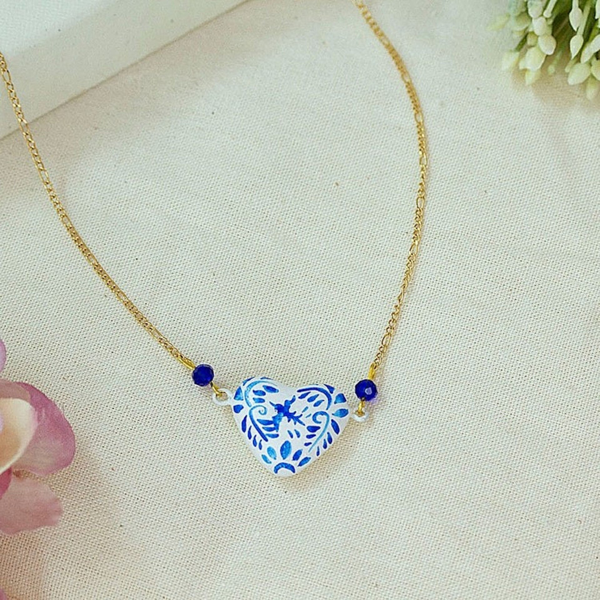 Gold-Plated Papier Mache Talavera Style Heart Necklace 'Blue Talavera Heart'