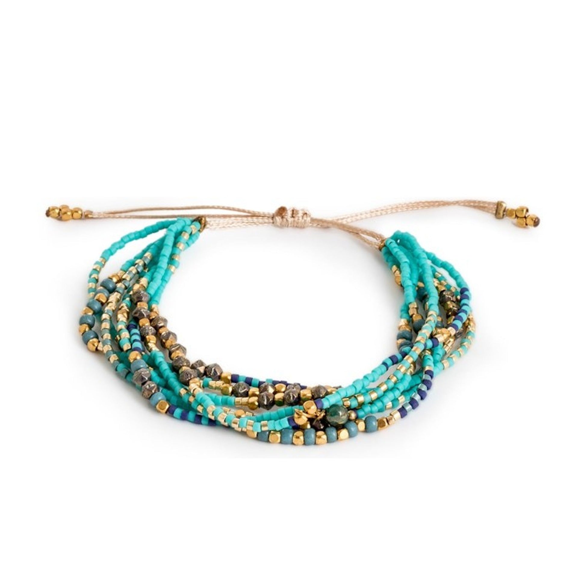 Adjustable Handcrafted Aqua Glass Beaded Strand Bracelet 'Trendy Aqua'